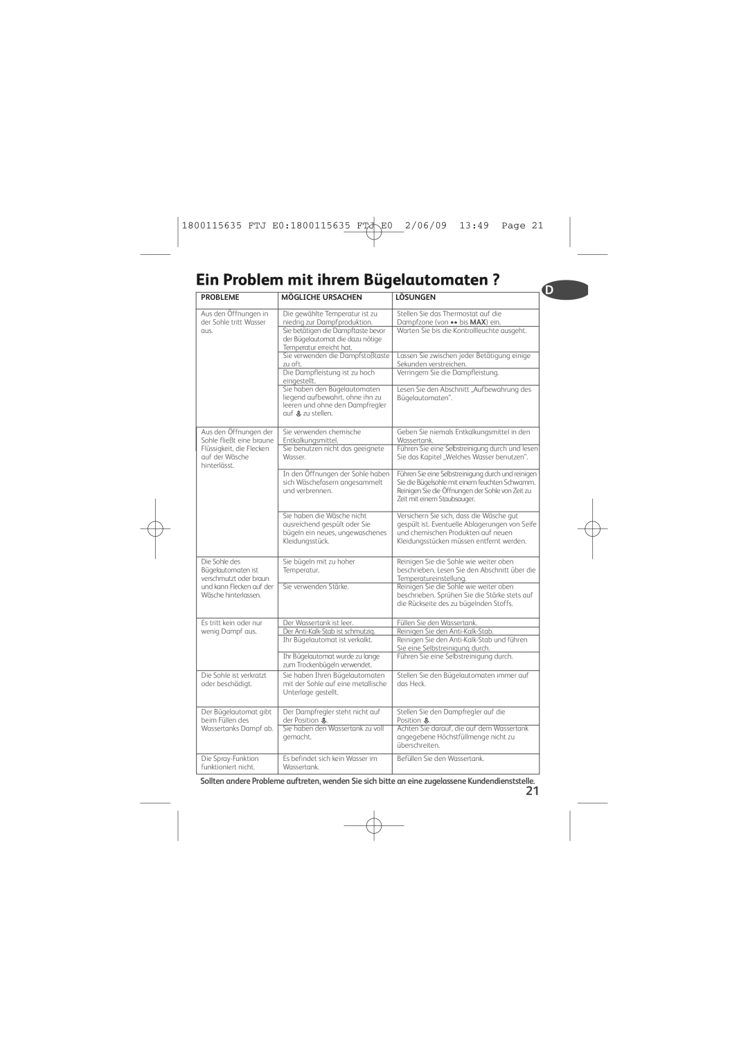 Tefal FV4560C0, FV4560E0 manual Ein Problem mit ihrem Bügelautomaten ?, Probleme Mögliche Ursachen Lösungen 