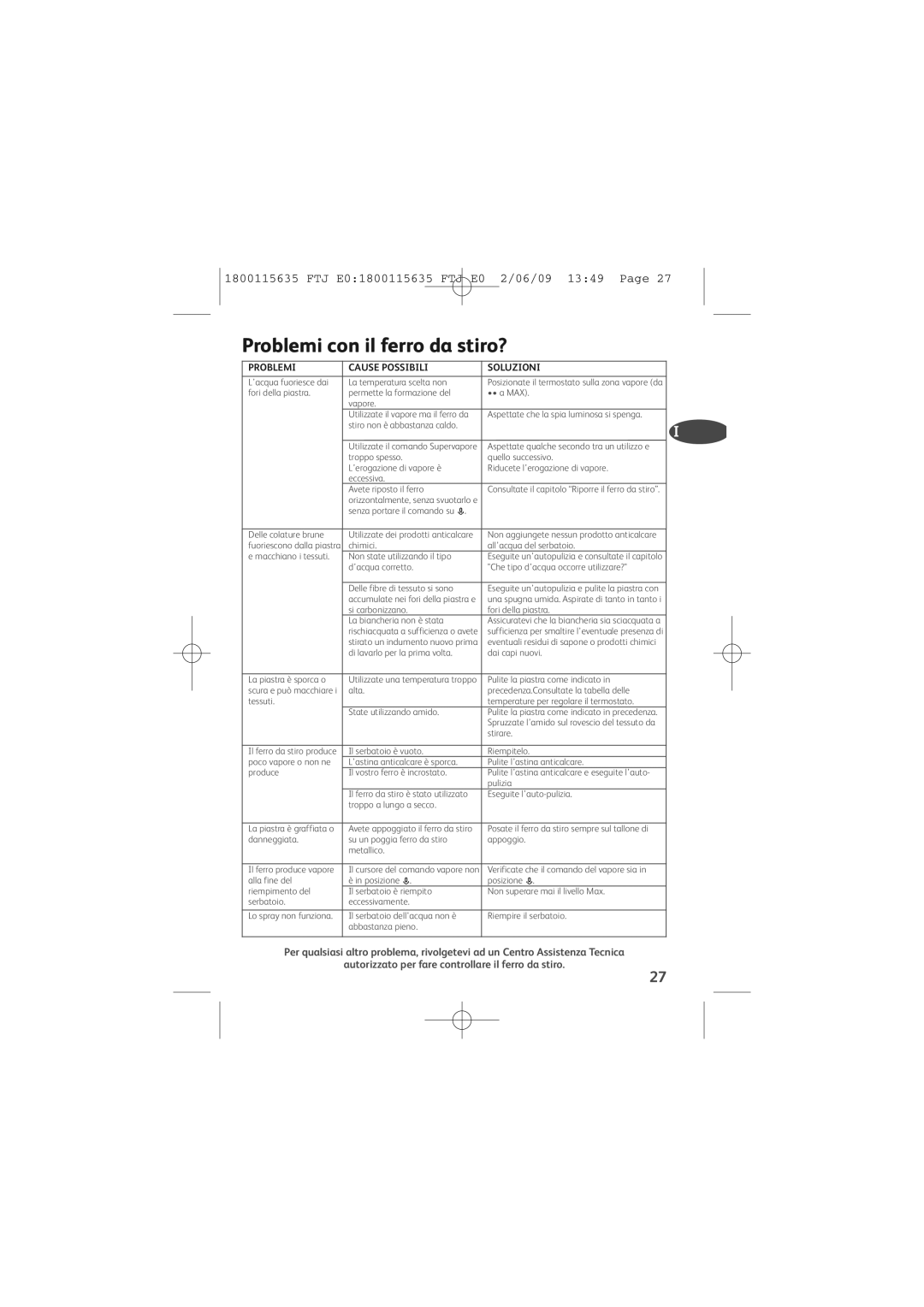 Tefal FV4560C0, FV4560E0 manual Problemi con il ferro da stiro?, Problemi Cause Possibili Soluzioni 