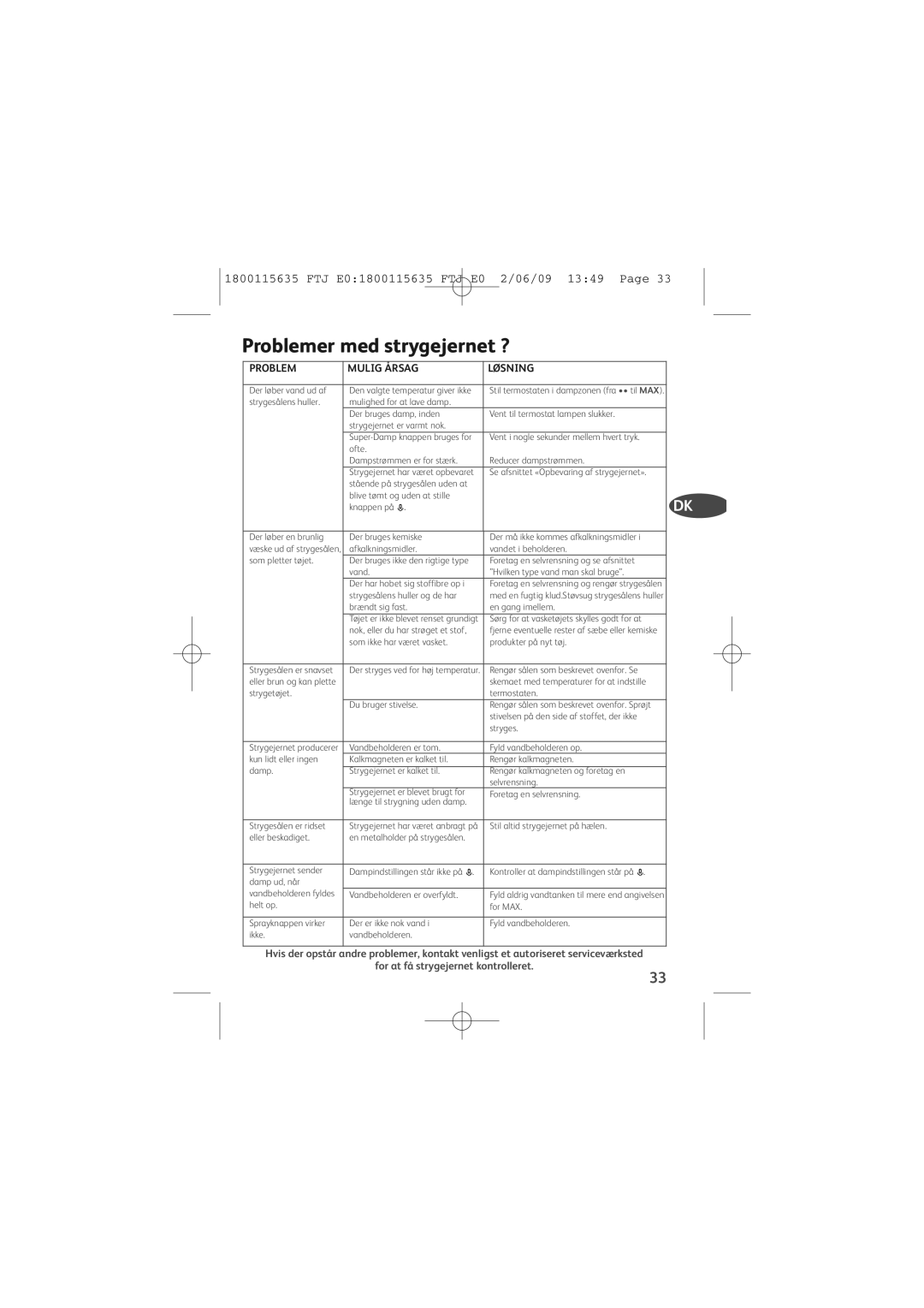 Tefal FV4560C0, FV4560E0 manual Problemer med strygejernet ?, Problem Mulig Årsag Løsning 