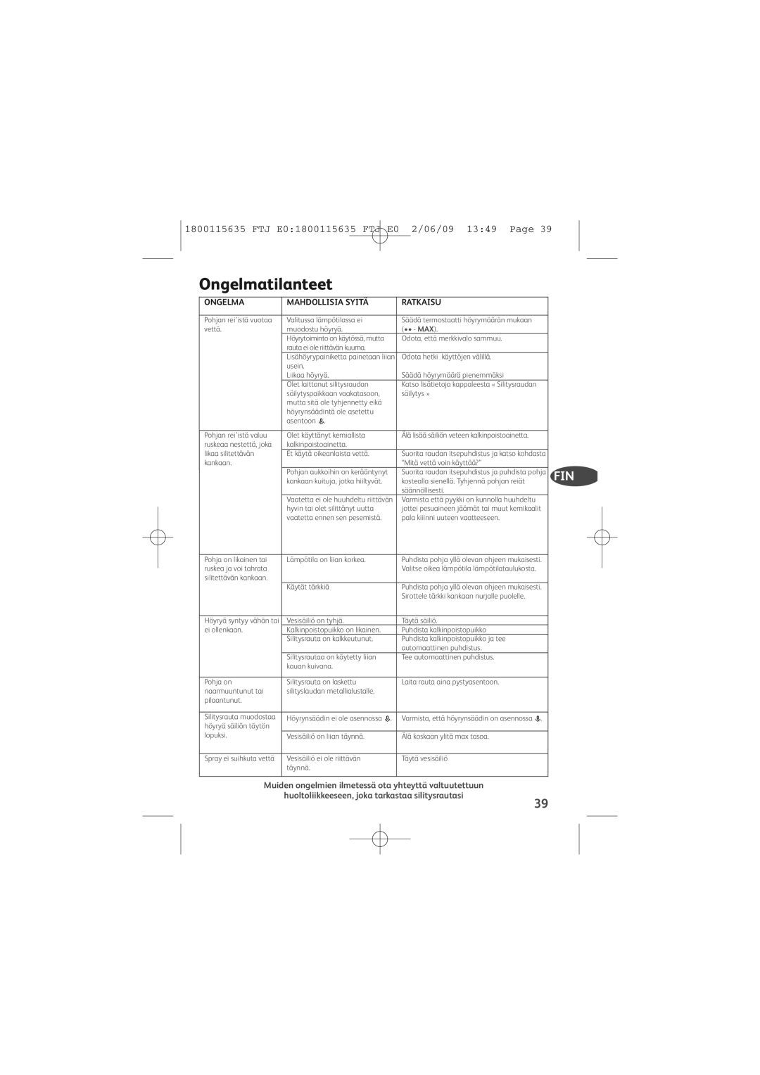 Tefal FV4560C0, FV4560E0 manual Ongelmatilanteet, Ongelma Mahdollisia Syitä Ratkaisu 