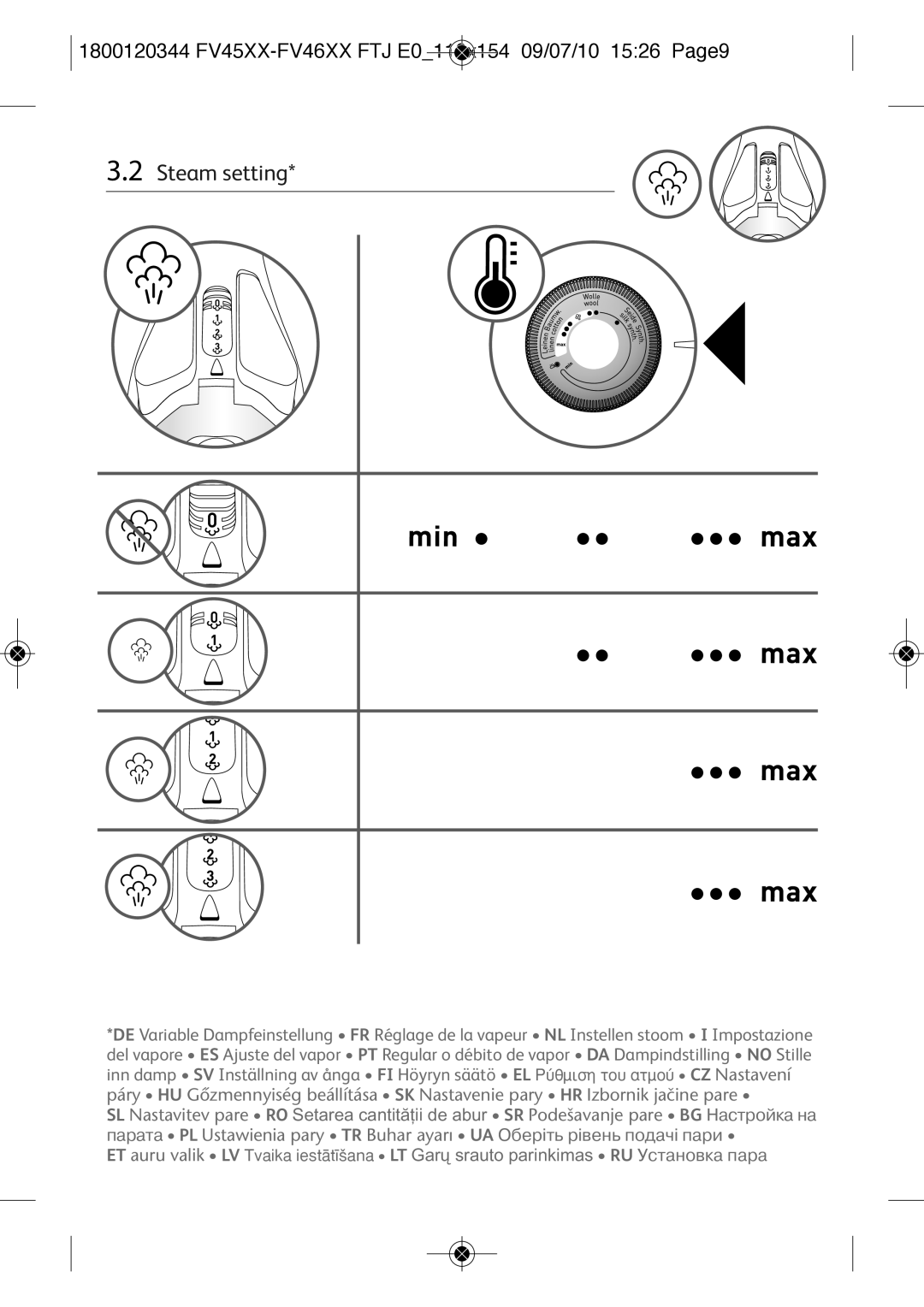 Tefal FV4670M0, FV4670E0, FV4670J0, FV4670K0, FV4670L0, FV4670C0 manual Steam setting 