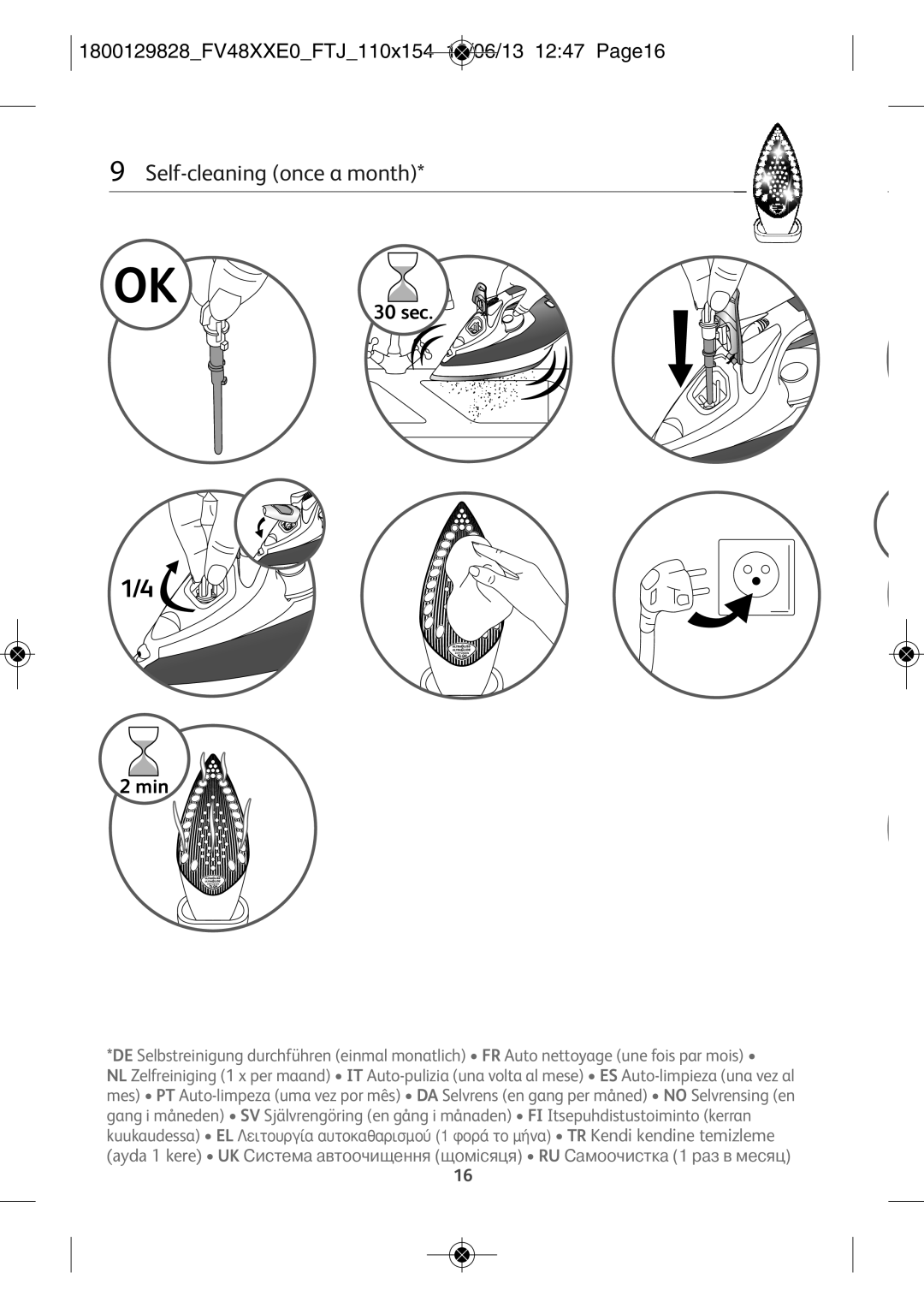 Tefal FV4880D0 manual 1800129828FV48XXE0FTJ110X154 18/06/13 1247 PAGE16, 30 SEC 