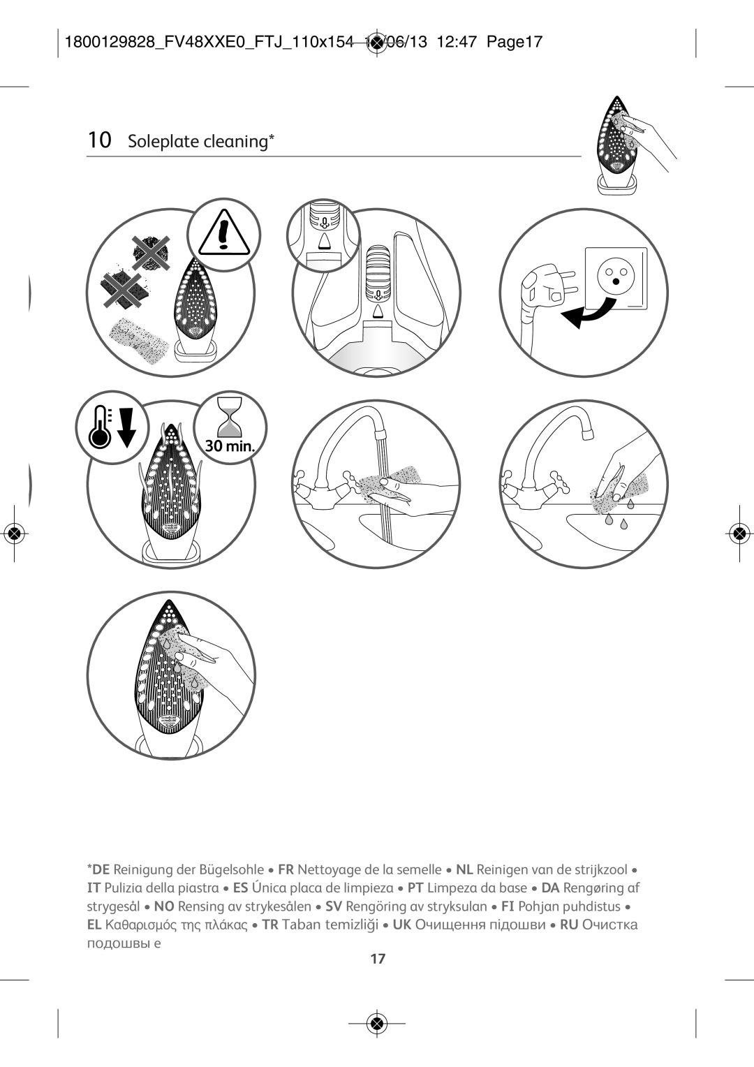 Tefal FV4880D0 manual Soleplate cleaning, 1800129828FV48XXE0FTJ110X154 18/06/13 1247 PAGE17 