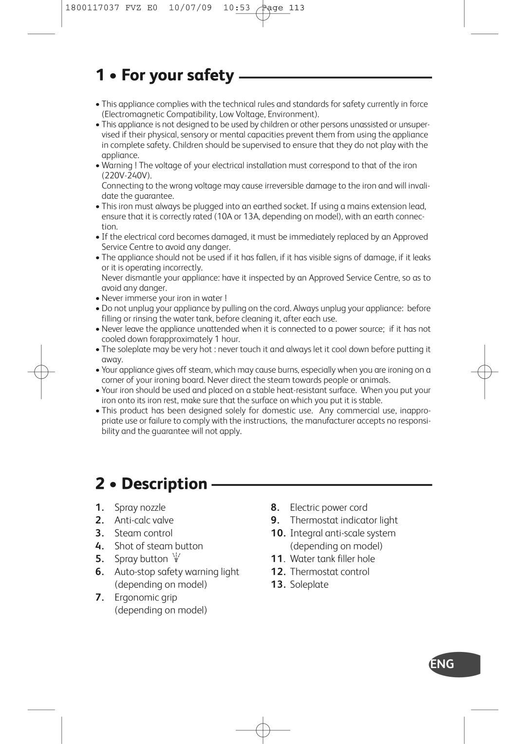 Tefal FV5105E0 manual For your safety, Description 