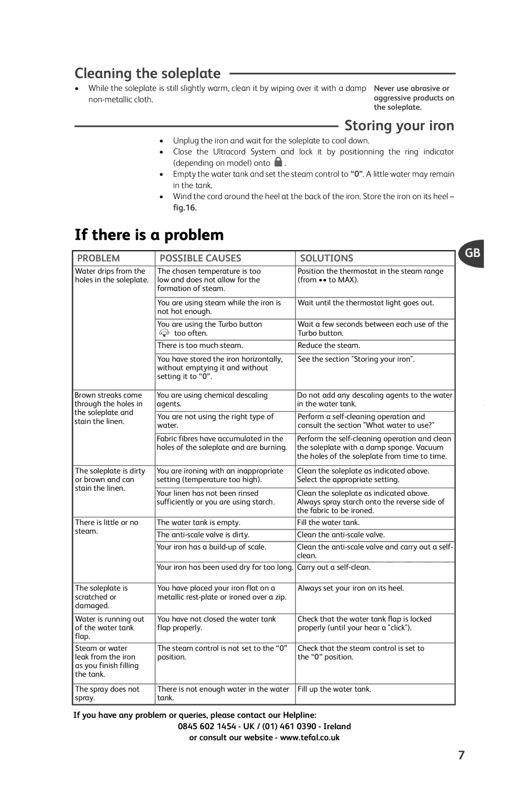 Tefal FV5246C1, FV5246E0, FV5246E1, FV5246E7, FV5246Z0 manual If there is a problem, Cleaning the soleplate, Storing your iron 