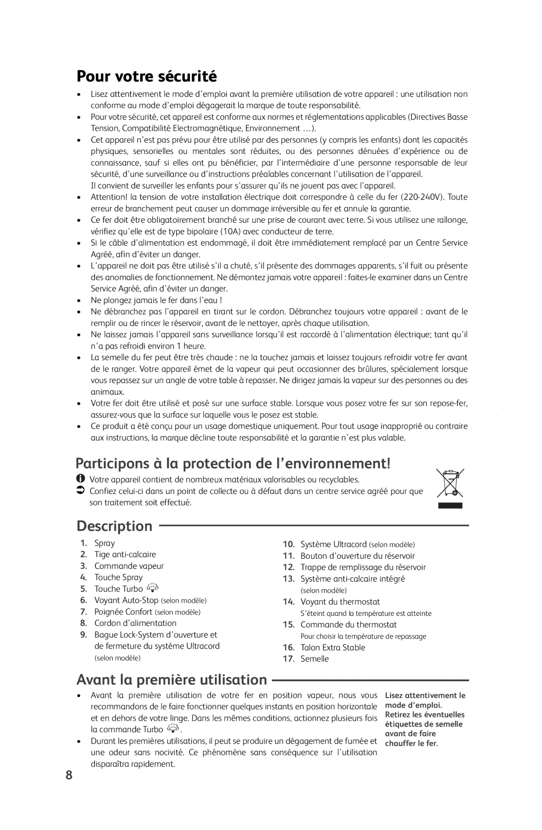 Tefal FV5246E0 manual Pour votre sécurité, Participons à la protection de l’environnement, Avant la première utilisation 