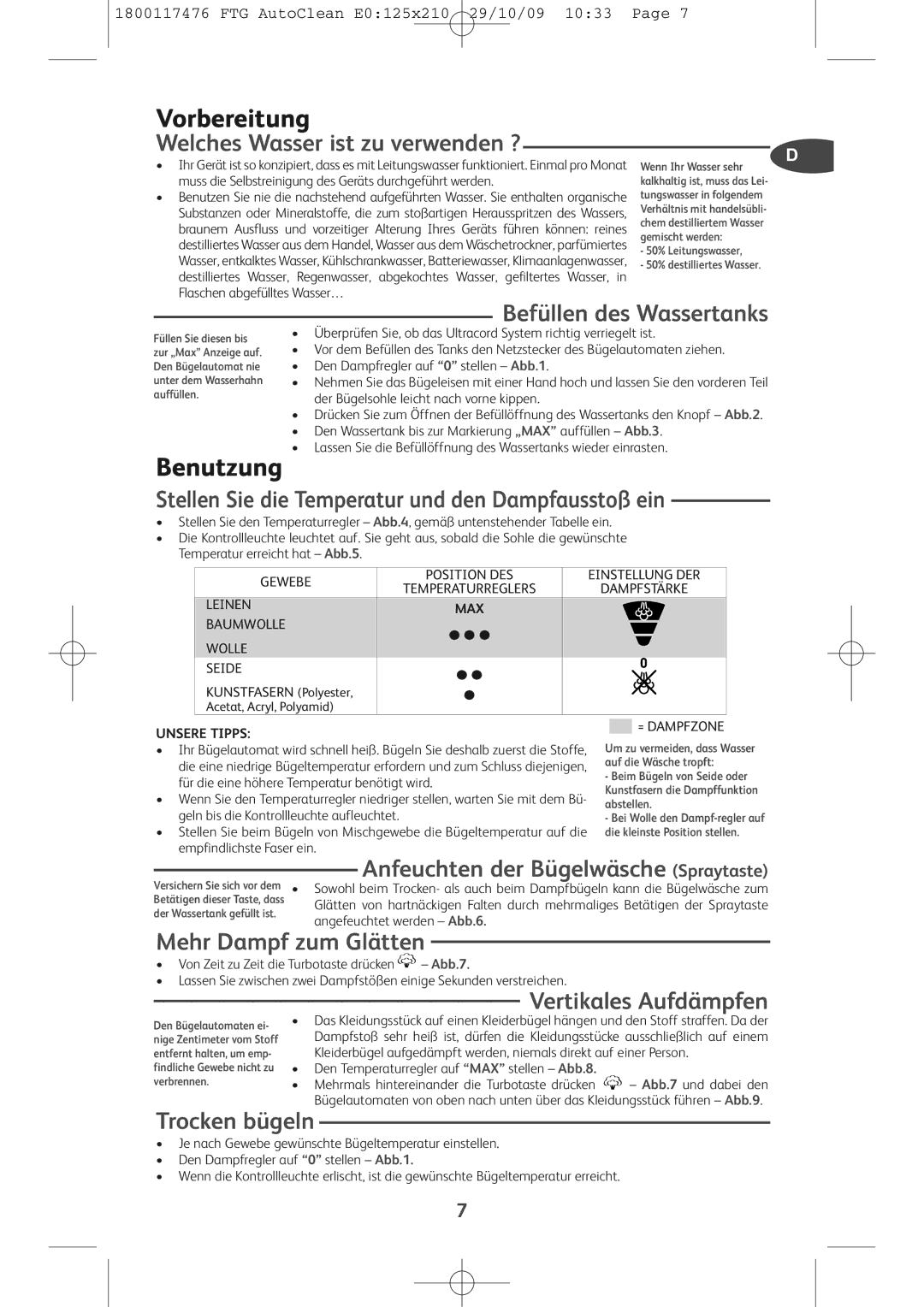 Tefal FV5276Q0, FV5276L0, FV5276E0 manual Vorbereitung, Benutzung 