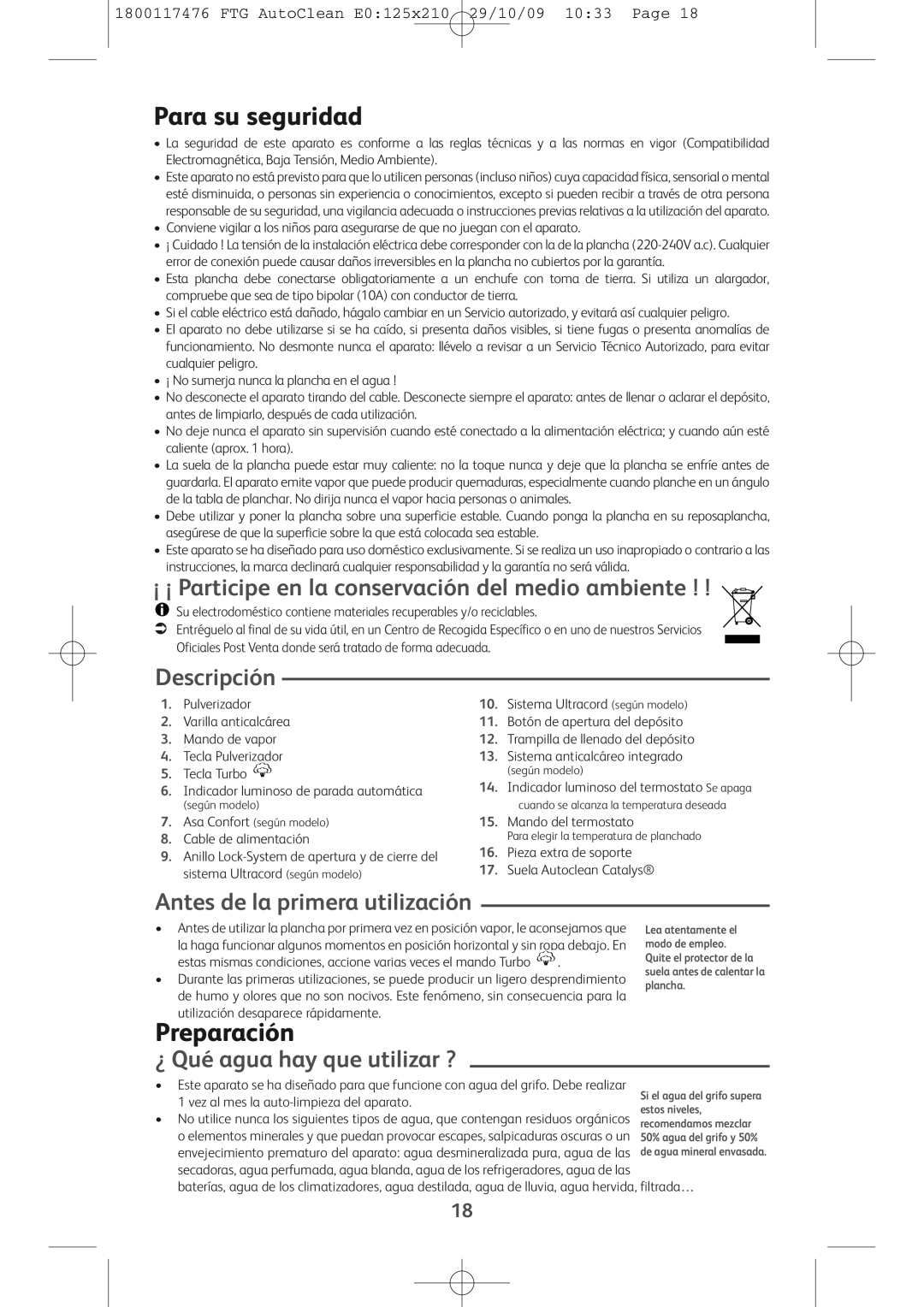 Tefal FV5276E0, FV5276L0, FV5276Q0 manual Para su seguridad, Preparación 