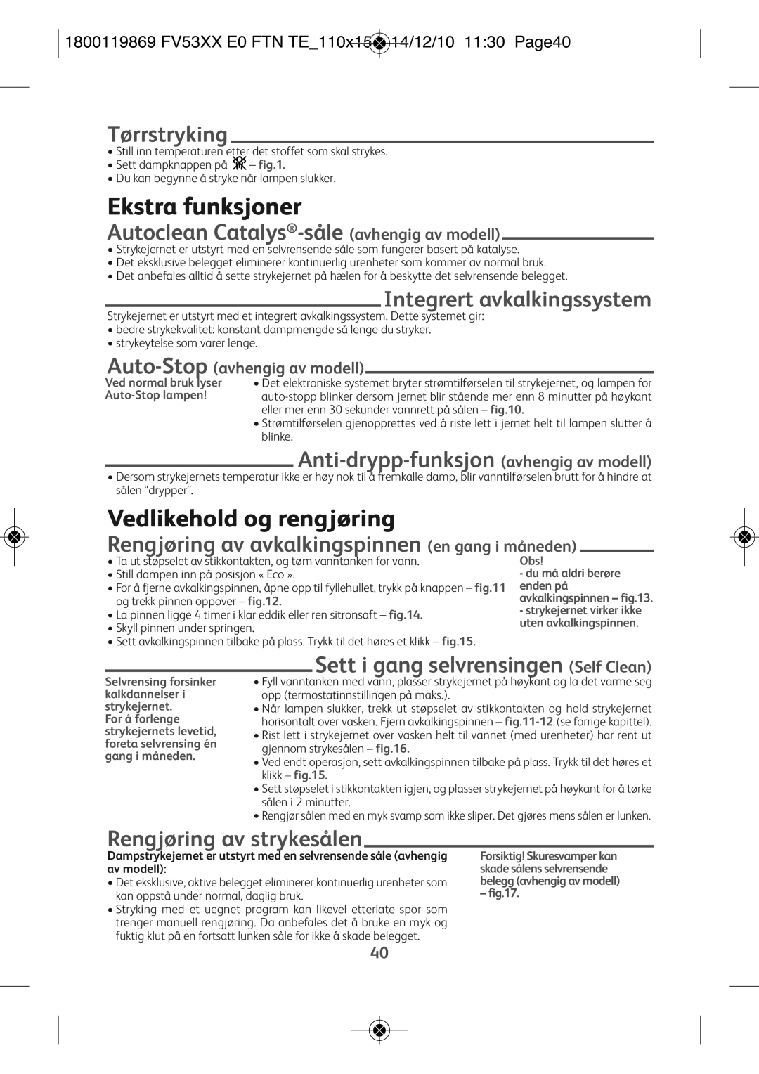 Tefal FV5331G0, FV5331G1 manual Ekstra funksjoner, Vedlikehold og rengjøring 