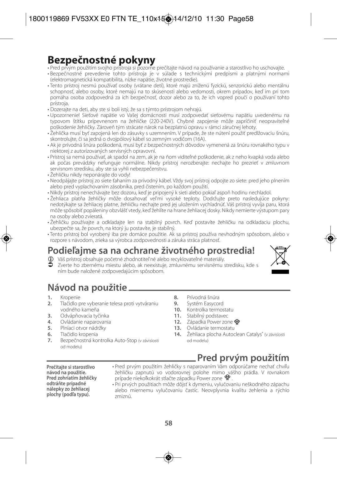 Tefal FV5331G0 Bezpečnostné pokyny, Podieľajme sa na ochrane životného prostredia, Návod na použitie, Pred prvým použitím 