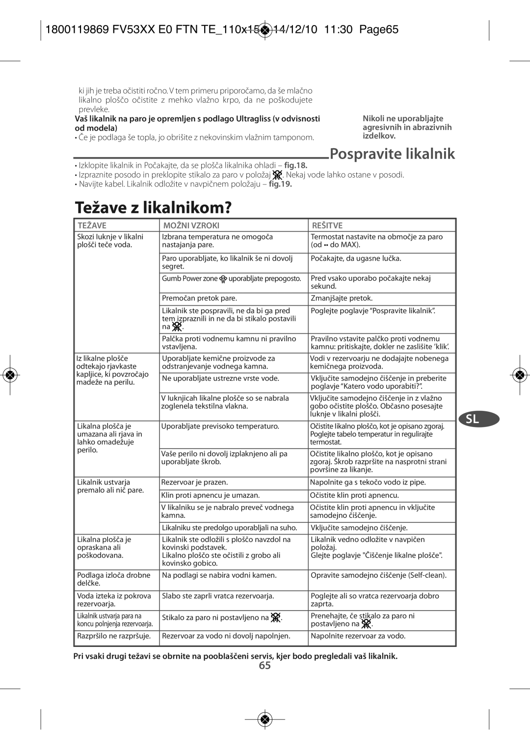 Tefal FV5331G1 manual Težave z likalnikom?, Pospravite likalnik, 1800119869 FV53XX E0 FTN TE110X154 14/12/10 1130 PAGE65 