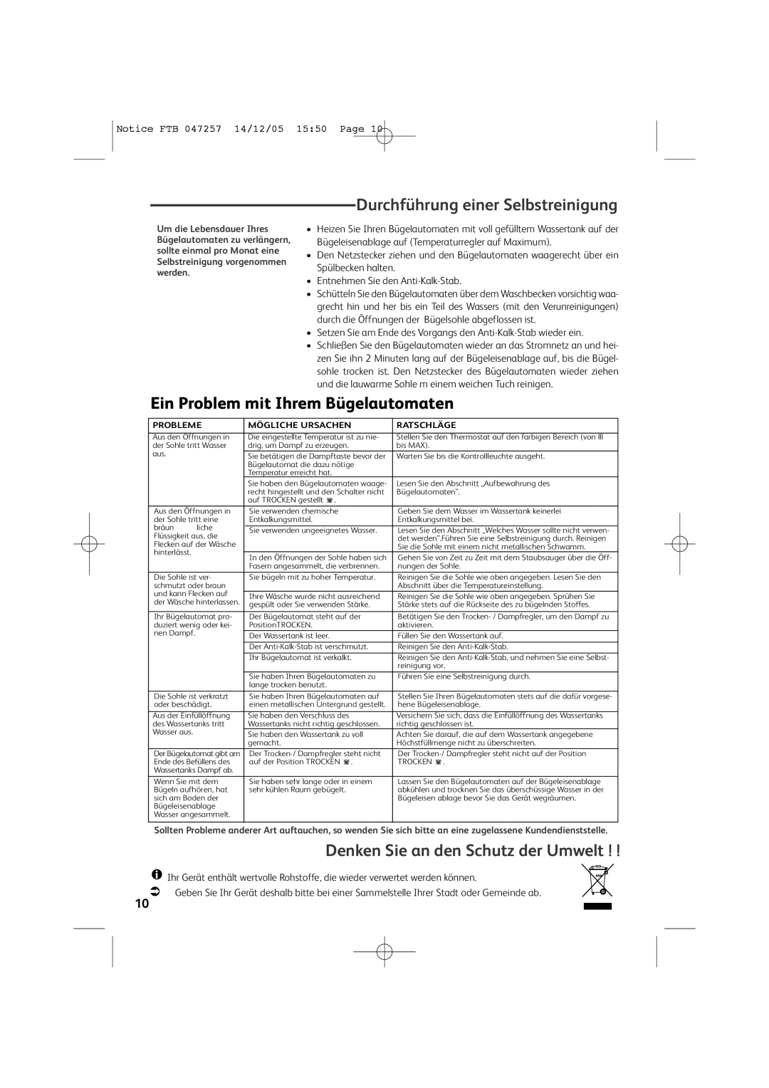 Tefal FV6050E0, FV6050E5, FV6050G0, FV6050Z0 manual Durchführung einer Selbstreinigung, Ein Problem mit Ihrem Bügelautomaten 