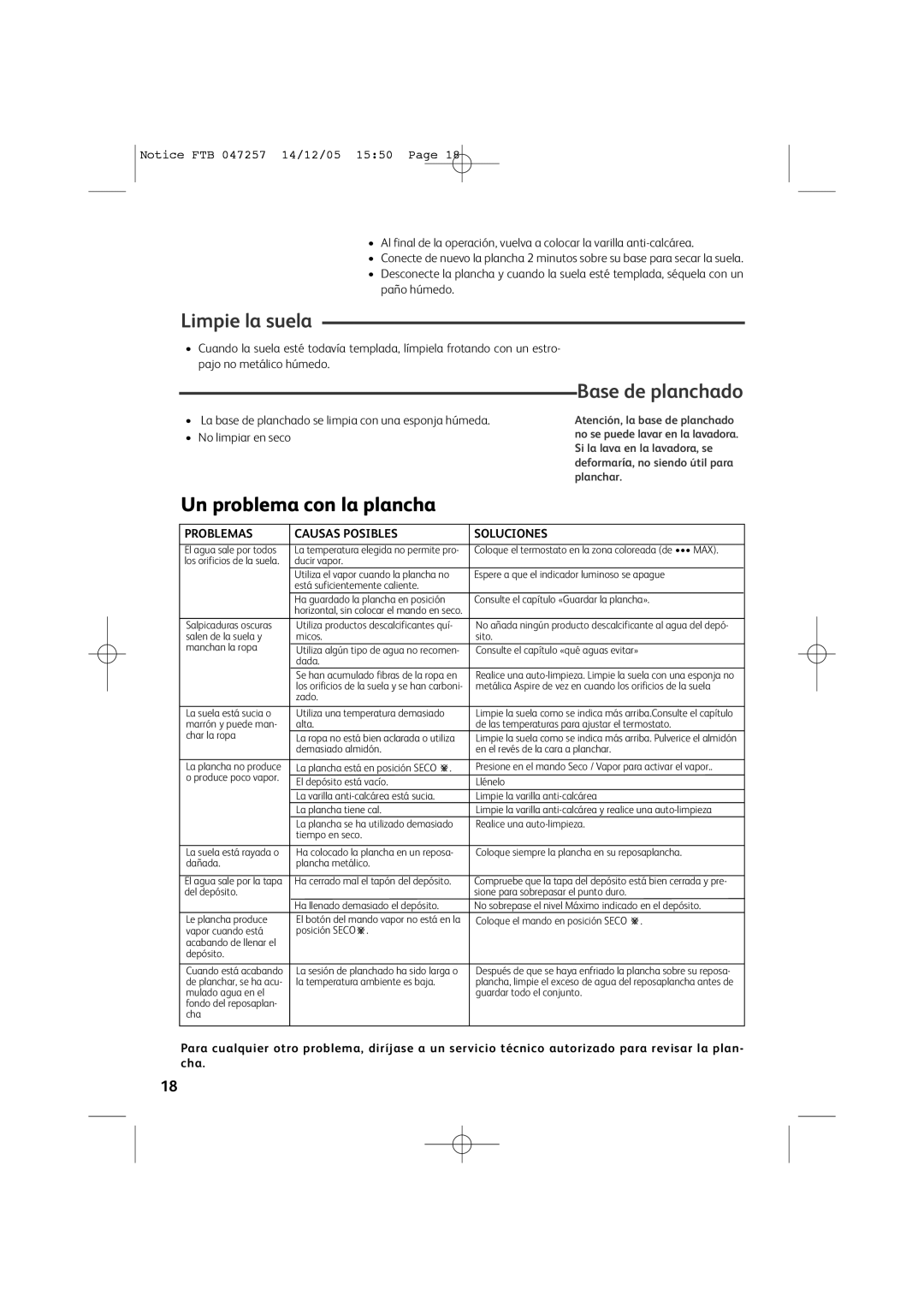 Tefal FV6050D0, FV6050E5, FV6050G0, FV6050Z0, FV6050E0 manual Limpie la suela, Base de planchado, Un problema con la plancha 