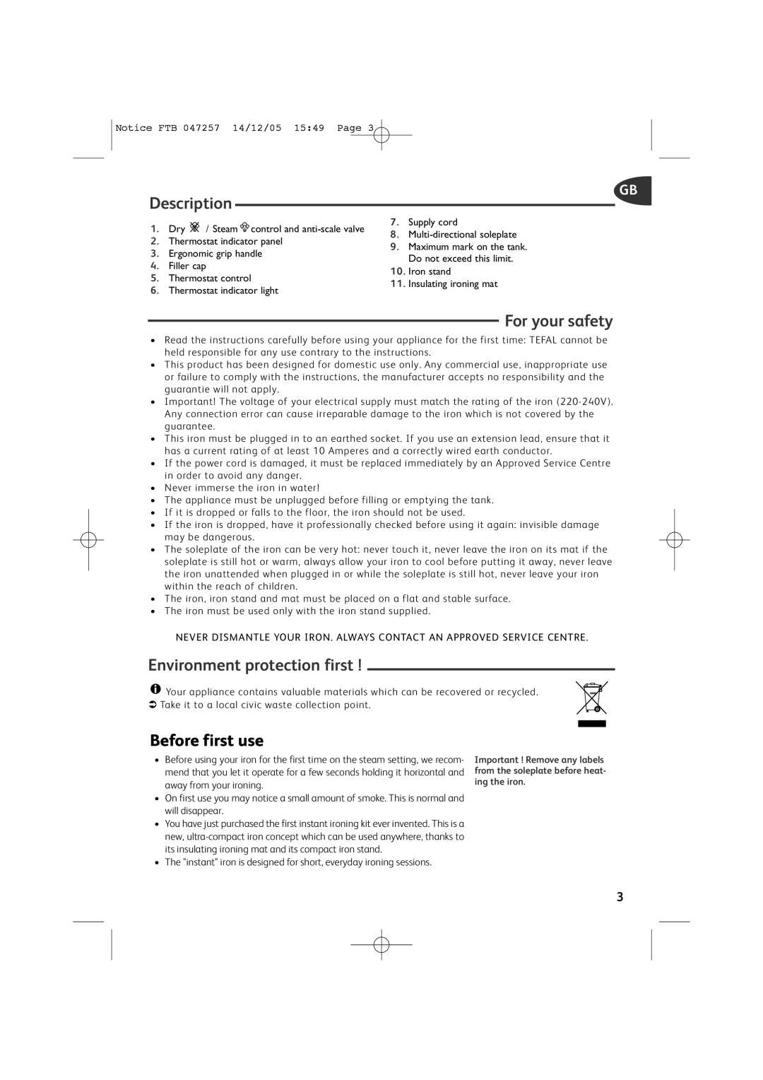 Tefal FV6050E0, FV6050E5, FV6050G0, FV6050Z0 Description, For your safety, Environment protection first, Before first use 