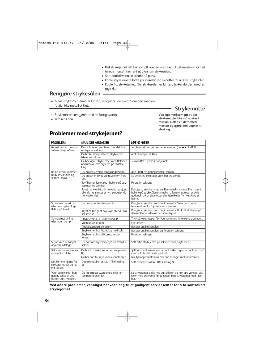 Tefal FV6050C5, FV6050E5 Rengjøre strykesålen, Strykematte, Problemer med strykejernet?, Problem Mulige Årsaker Løsninger 