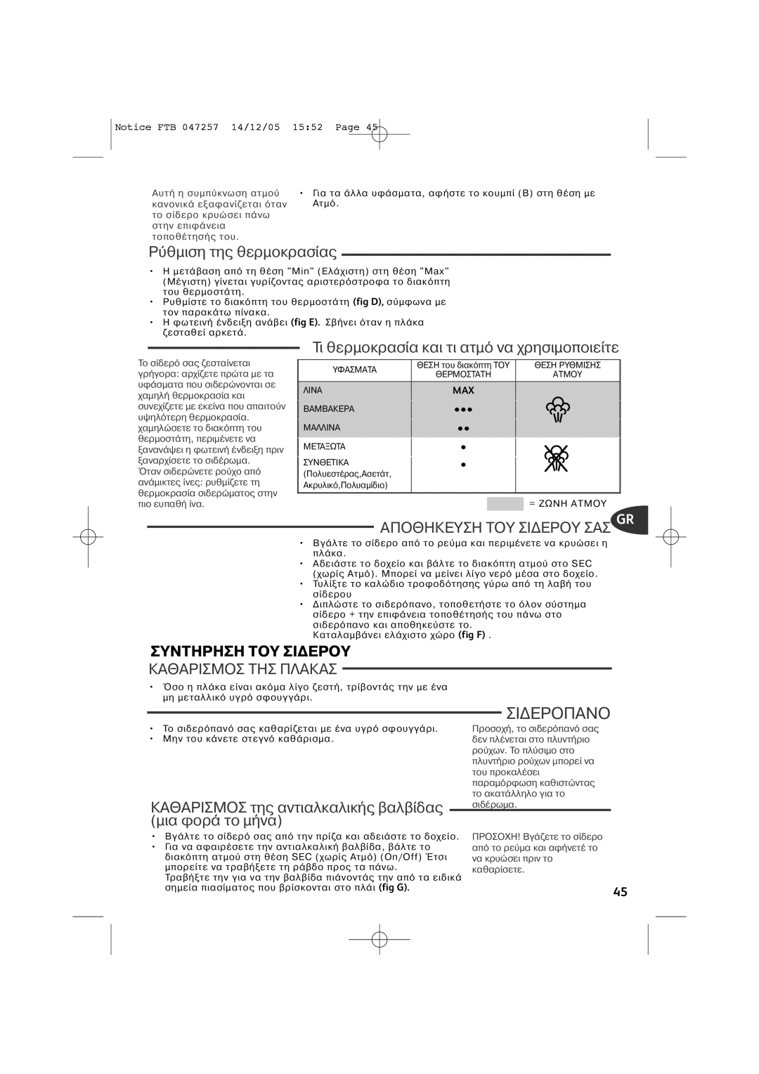 Tefal FV6050E0, FV6050E5, FV6050G0, FV6050Z0, FV6050D0, FV6050C0, FV6050C5 manual Τι θερµοκρασ, Καθαρισμοσ τη, Μια φορ, Max 