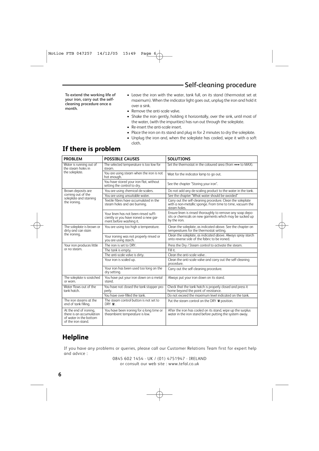Tefal FV6050C5, FV6050E5 manual Self-cleaning procedure, If there is problem, Helpline, Problem Possible Causes Solutions 