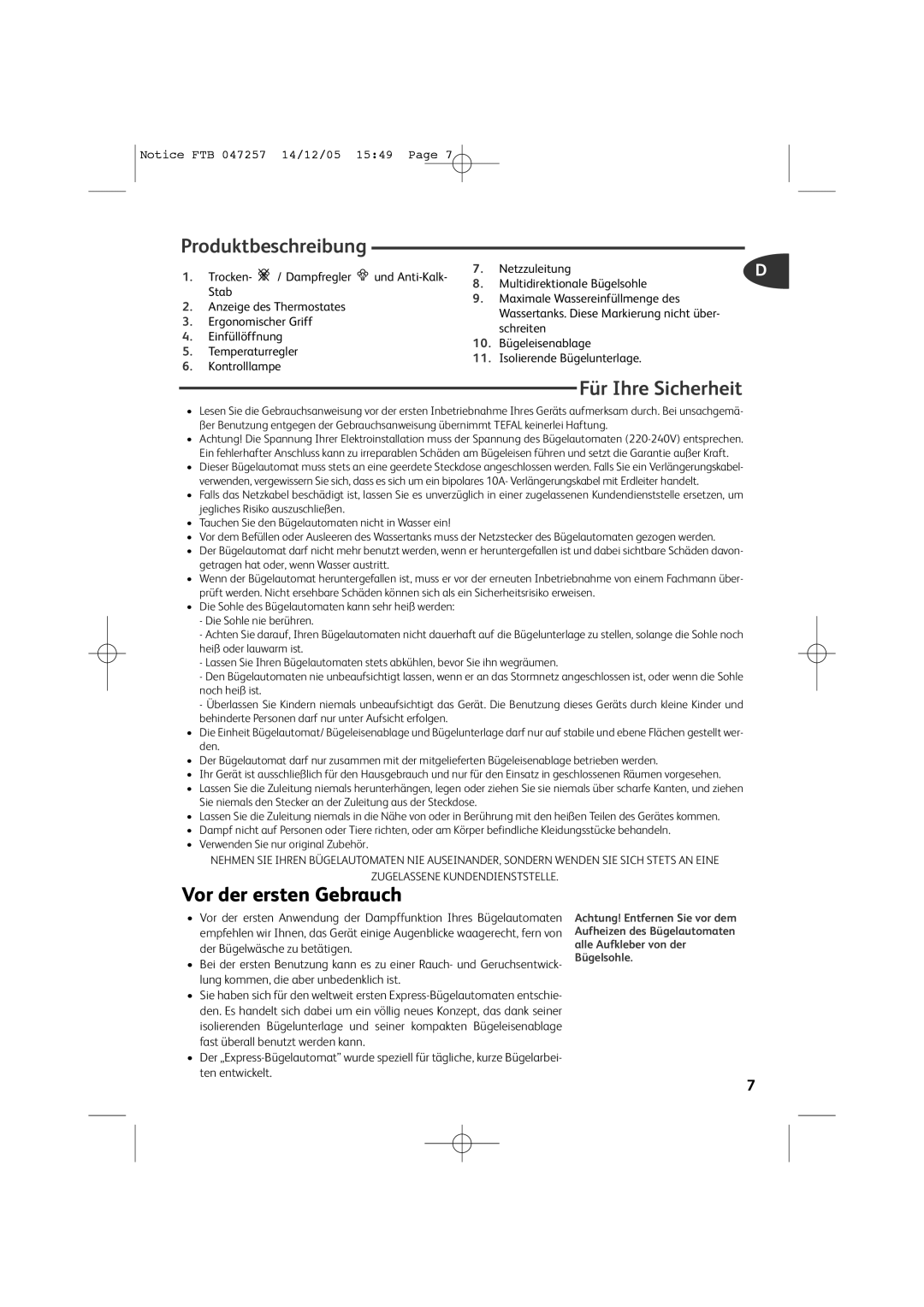 Tefal FV6050E5, FV6050G0, FV6050Z0, FV6050E0, FV6050D0 manual Produktbeschreibung, Für Ihre Sicherheit, Vor der ersten Gebrauch 