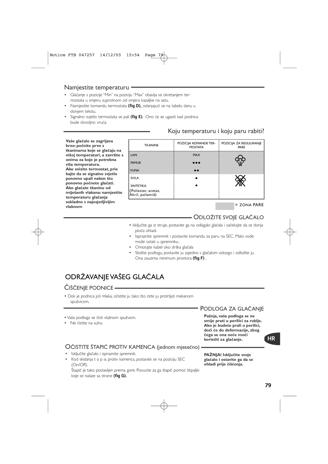 Tefal FV6050Z0, FV6050E5 Namjestite temperaturu, Koju temperaturu i koju paru rabiti?, Poliester, acetat, Akril, poliamid 