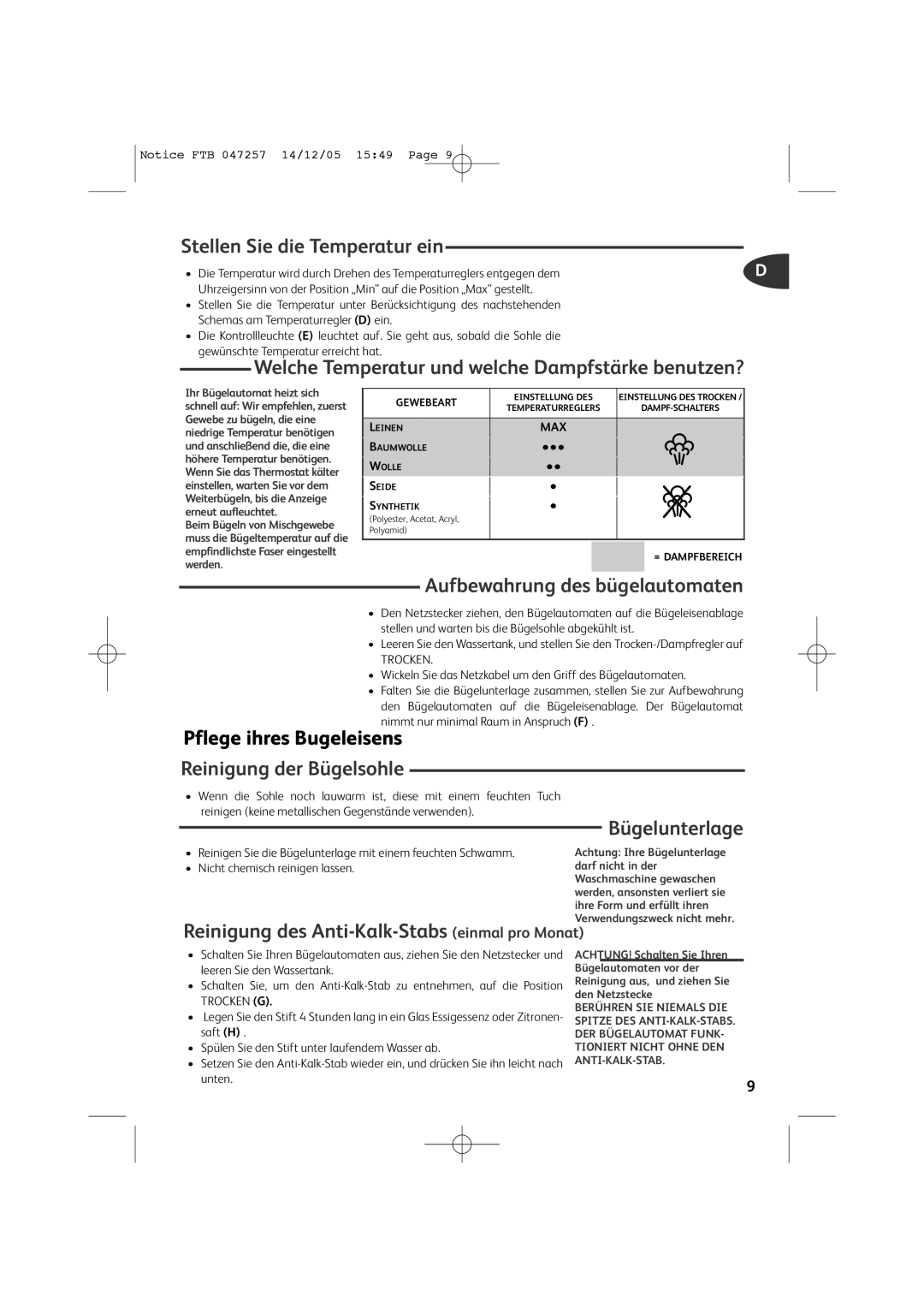 Tefal FV6050Z0, FV6050E5, FV6050G0 manual Stellen Sie die Temperatur ein, Welche Temperatur und welche Dampfstärke benutzen? 