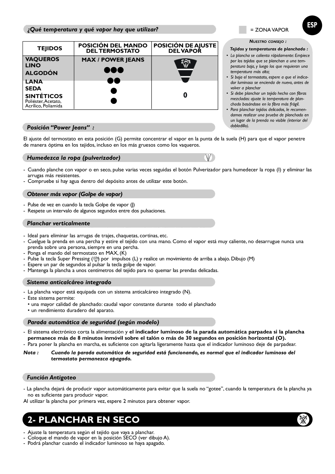 Tefal FV8110L0, FV8110D0, FV8110C0, FV8110E0, FV8110E1, FV8110G0 manual Planchar EN Seco 