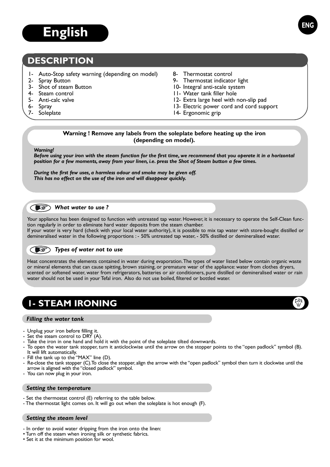 Tefal FV8110E1, FV8110D0, FV8110C0, FV8110E0, FV8110L0, FV8110G0 manual English, Description, Steam Ironing 