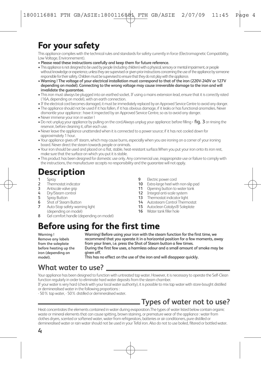 Tefal FV9440Z0, FV9440E0, FV9440G0 manual For your safety, Description, Before using for the first time, What water to use? 