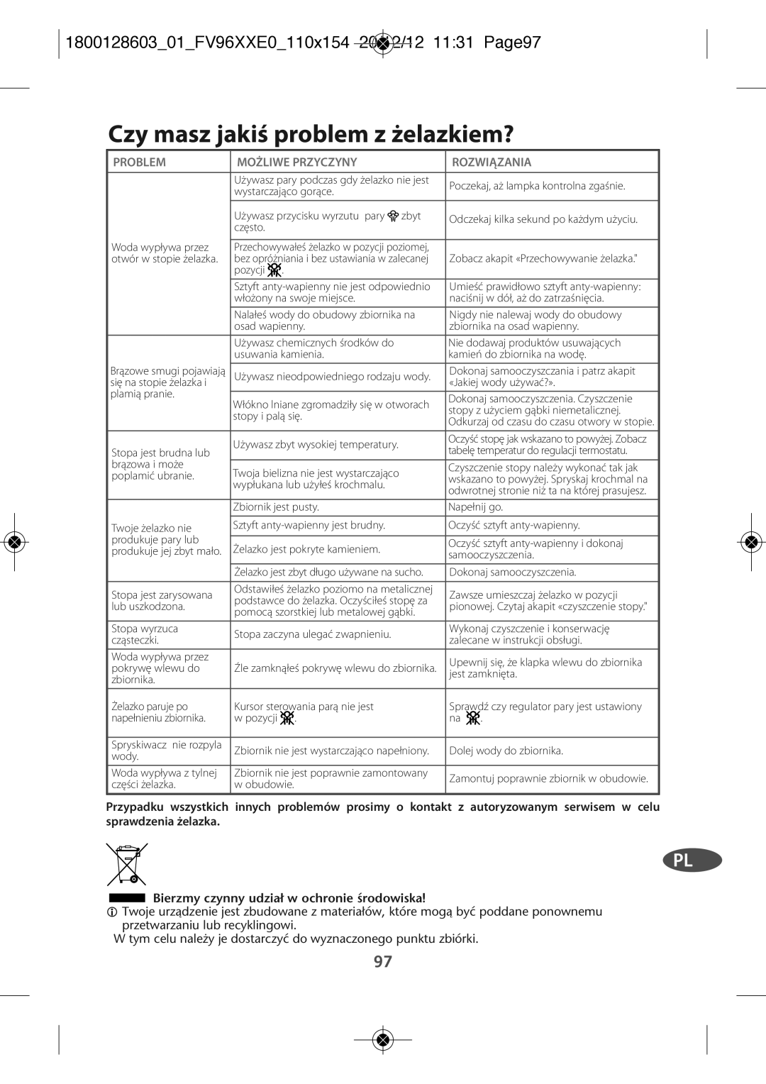 Tefal FV9640E0 manual Czy masz jakiś problem z żelazkiem?, 180012860301FV96XXE0110X154 20/12/12 1131 PAGE97 