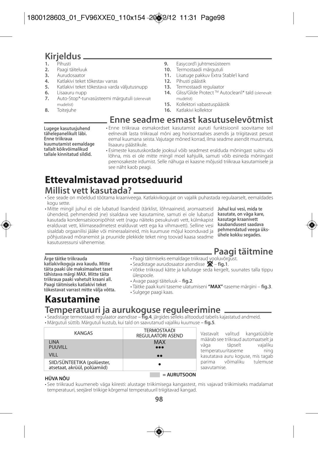 Tefal FV9640E0 manual Kirjeldus, 180012860301FV96XXE0110X154 20/12/12 1131 PAGE98, Toitejuhe, Mudelist 