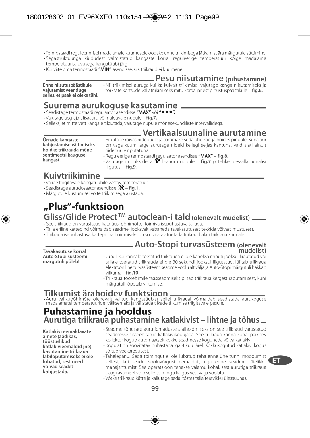 Tefal FV9640E0 manual „Plus-funktsioon, Puhastamine ja hooldus 