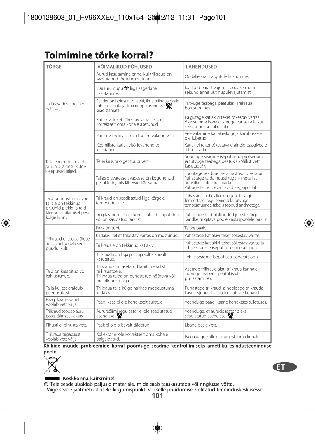 Tefal FV9640E0 manual Toimimine tõrke korral?, 180012860301FV96XXE0110X154 20/12/12 1131 PAGE101 