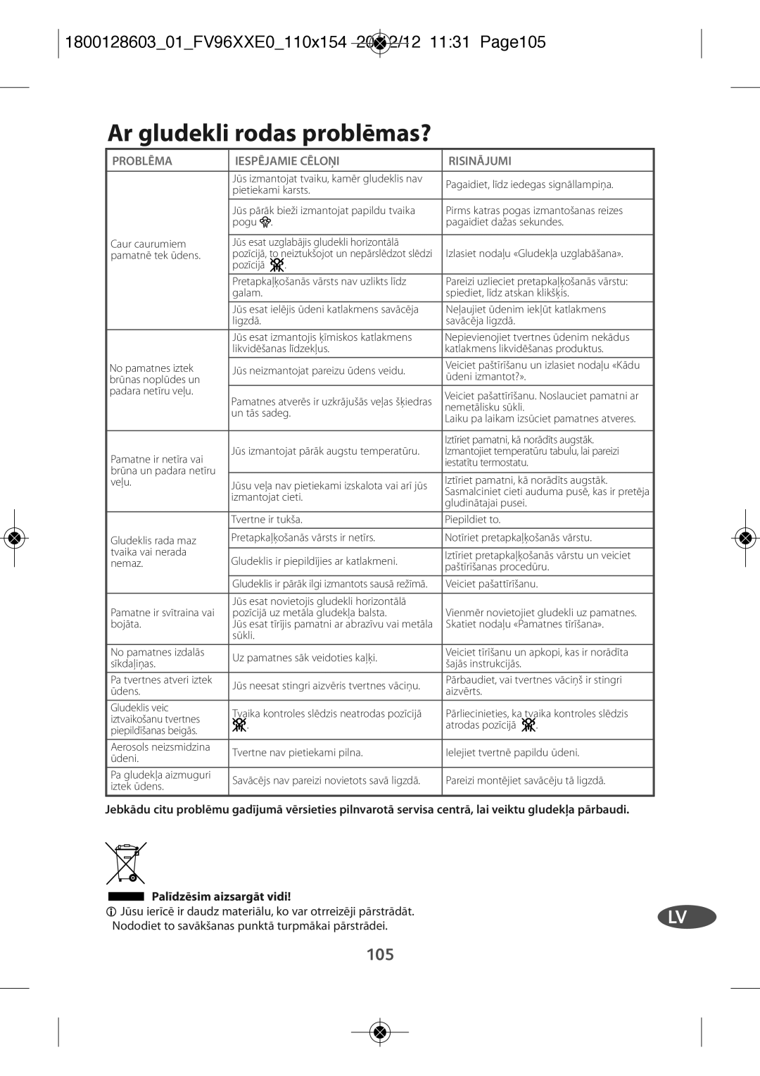 Tefal FV9640E0 Ar gludekli rodas problēmas?, 180012860301FV96XXE0110X154 20/12/12 1131 PAGE105, Palīdzēsim aizsargāt vidi 