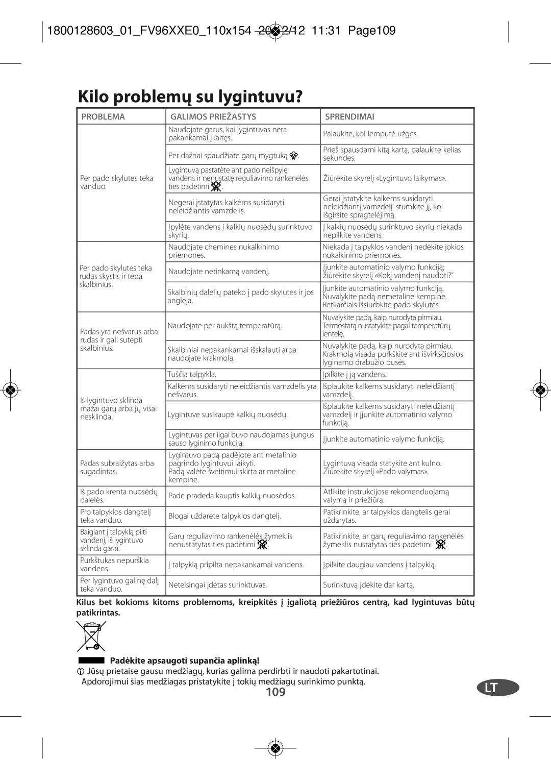 Tefal FV9640E0 manual Kilo problemų su lygintuvu?, 180012860301FV96XXE0110X154 20/12/12 1131 PAGE109, Problema, Sprendimai 