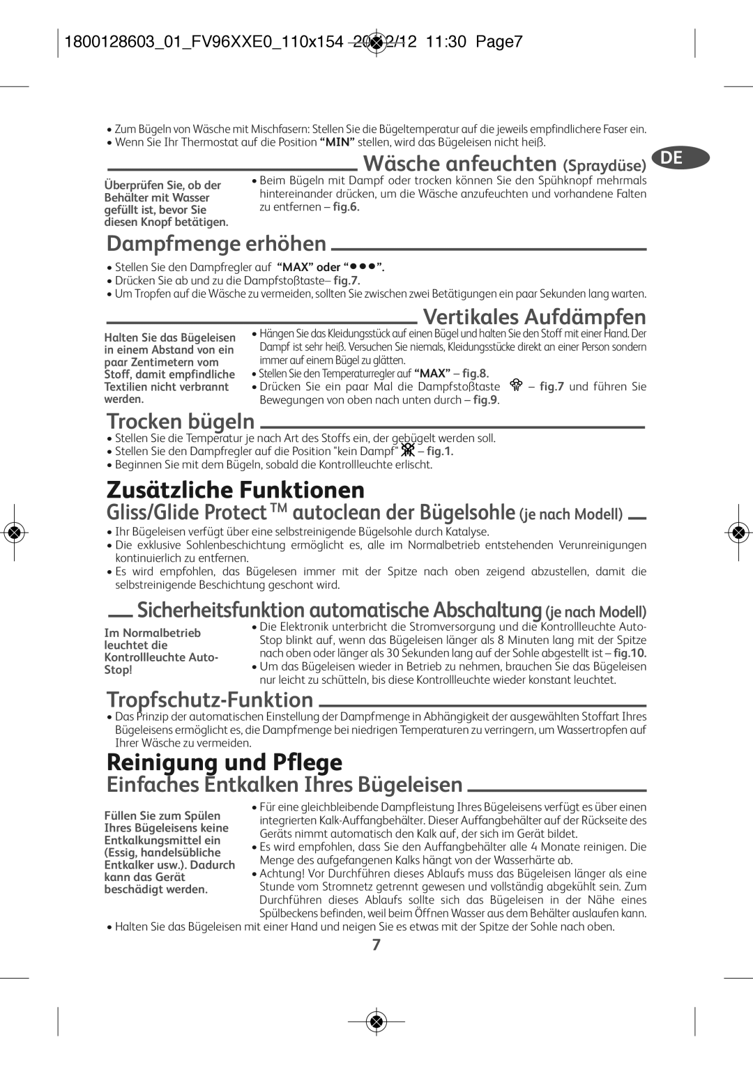 Tefal FV9640E0 manual Zusätzliche Funktionen, Reinigung und Pflege 