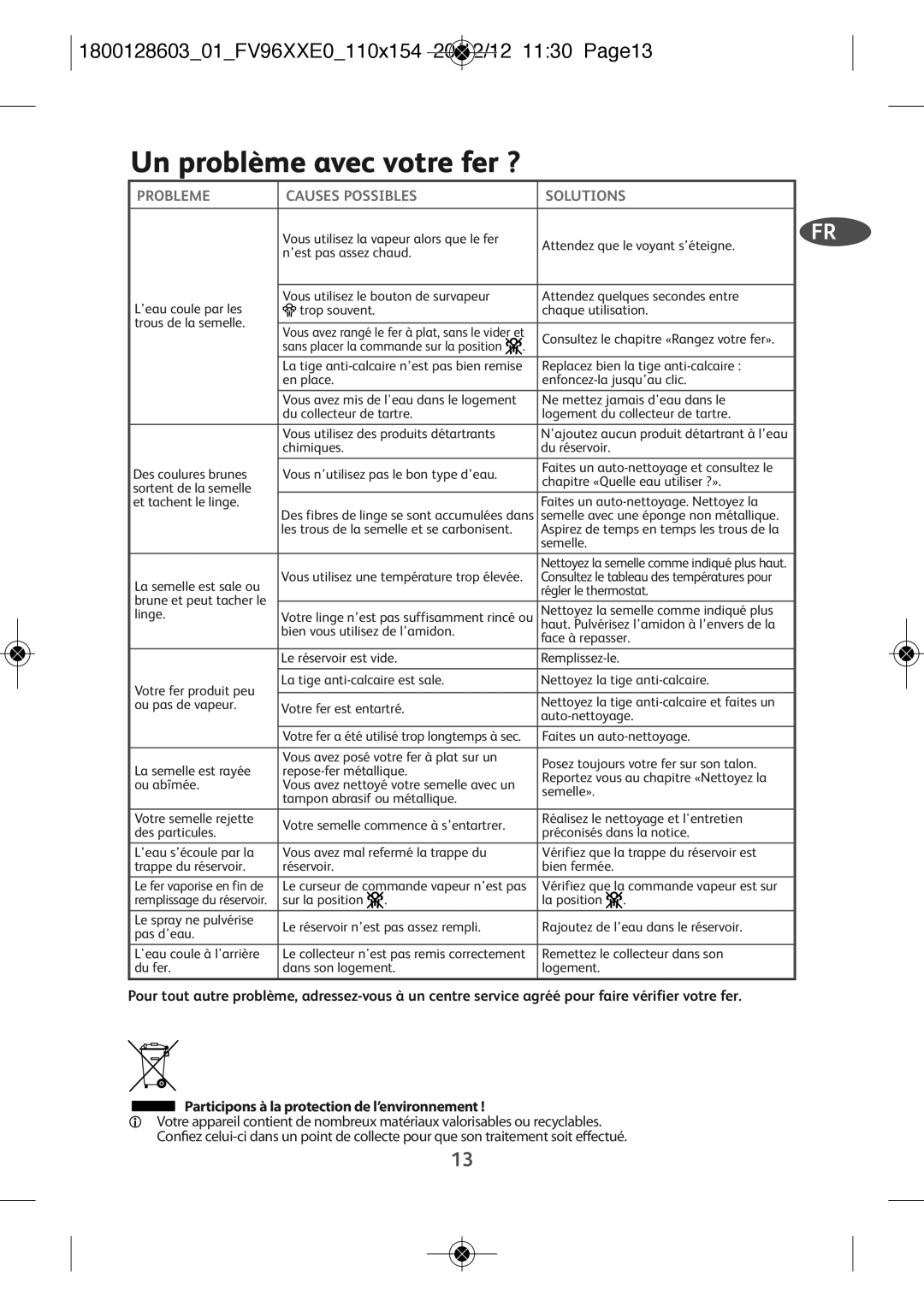 Tefal FV9640E0 manual Un problème avec votre fer ?, 180012860301FV96XXE0110X154 20/12/12 1130 PAGE13 