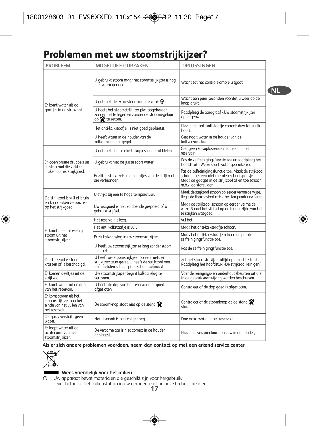 Tefal FV9640E0 manual Problemen met uw stoomstrijkijzer?, 180012860301FV96XXE0110X154 20/12/12 1130 PAGE17 