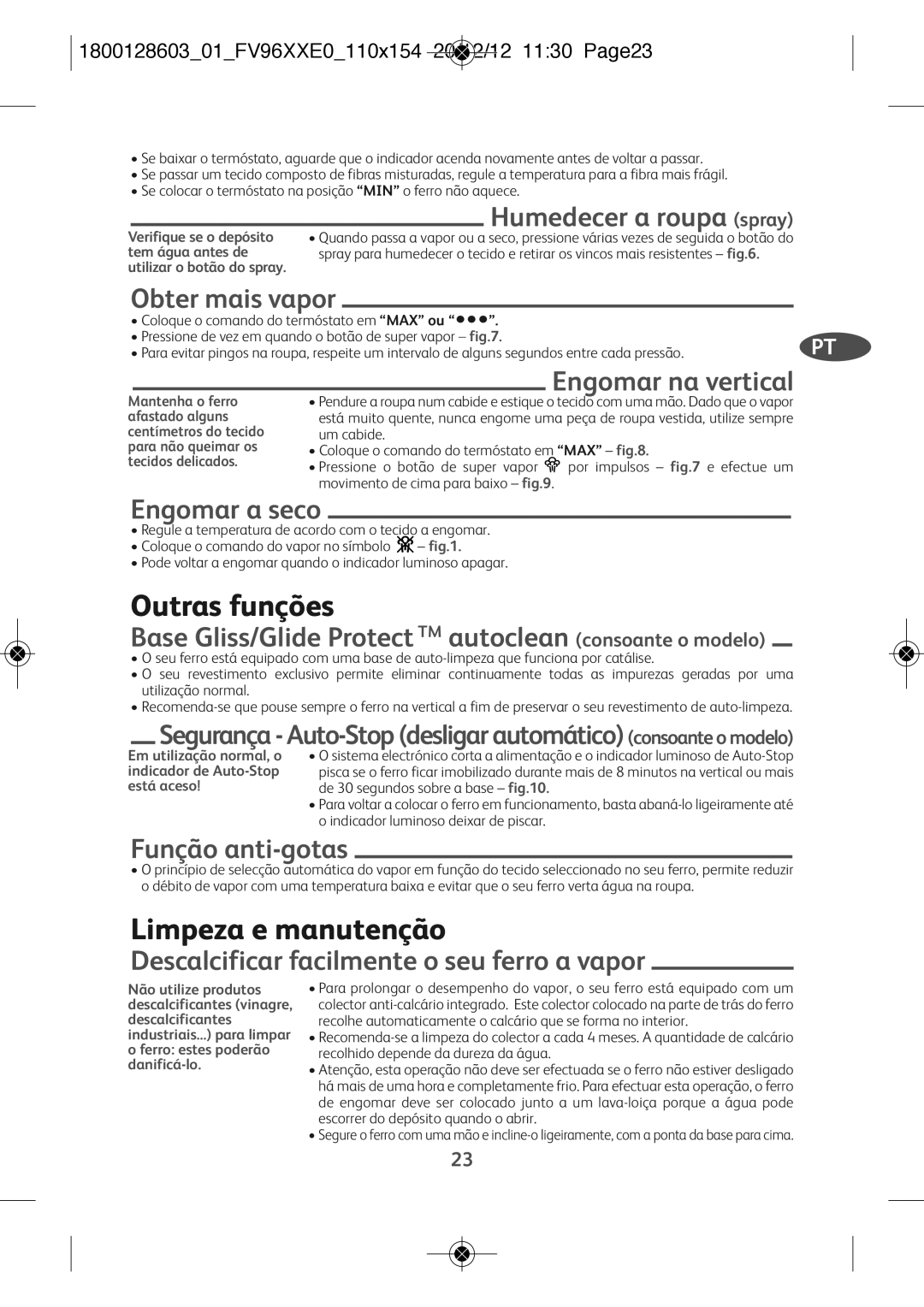 Tefal FV9640E0 manual Outras funções, Limpeza e manutenção 