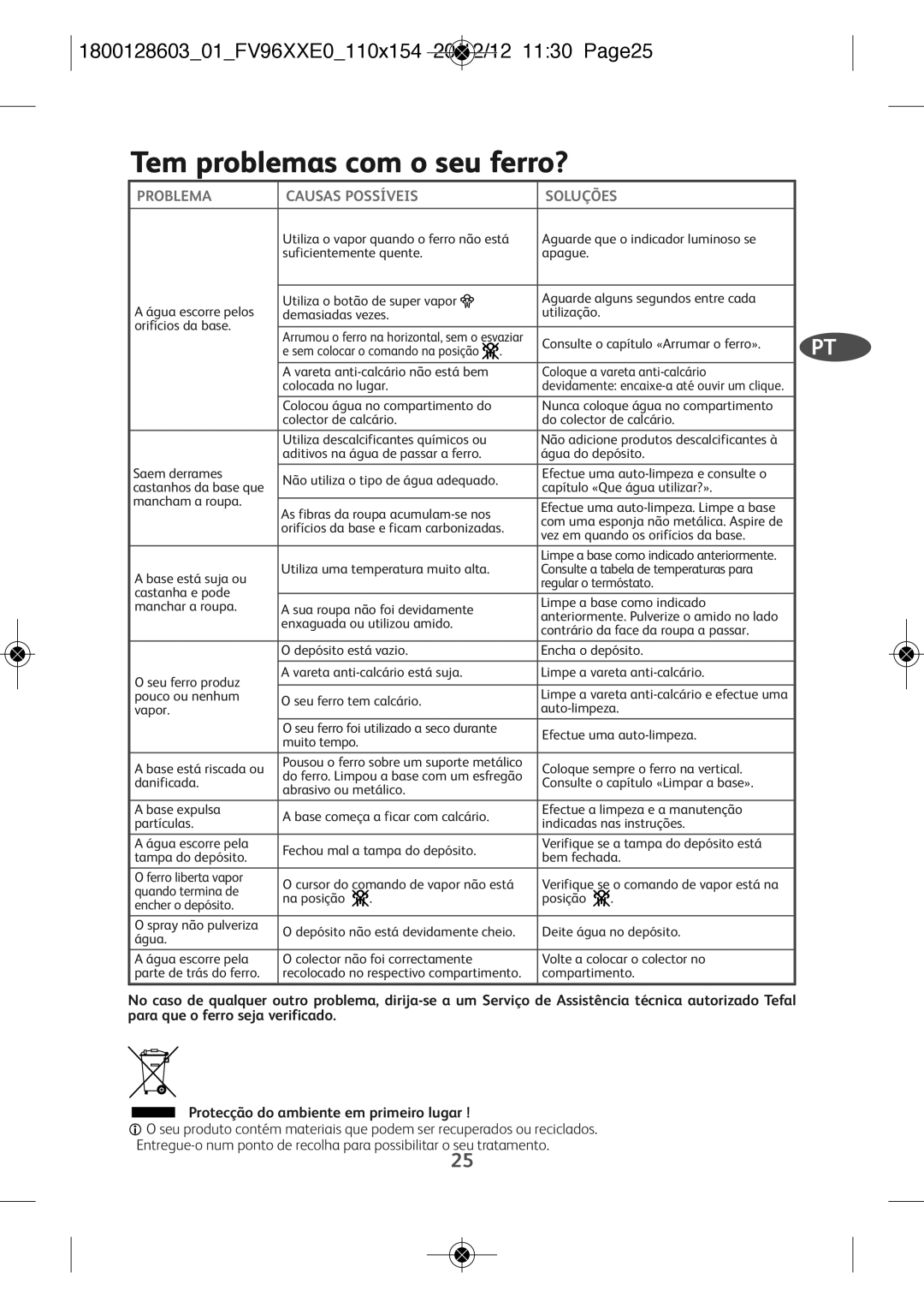 Tefal FV9640E0 manual Tem problemas com o seu ferro?, 180012860301FV96XXE0110X154 20/12/12 1130 PAGE25 