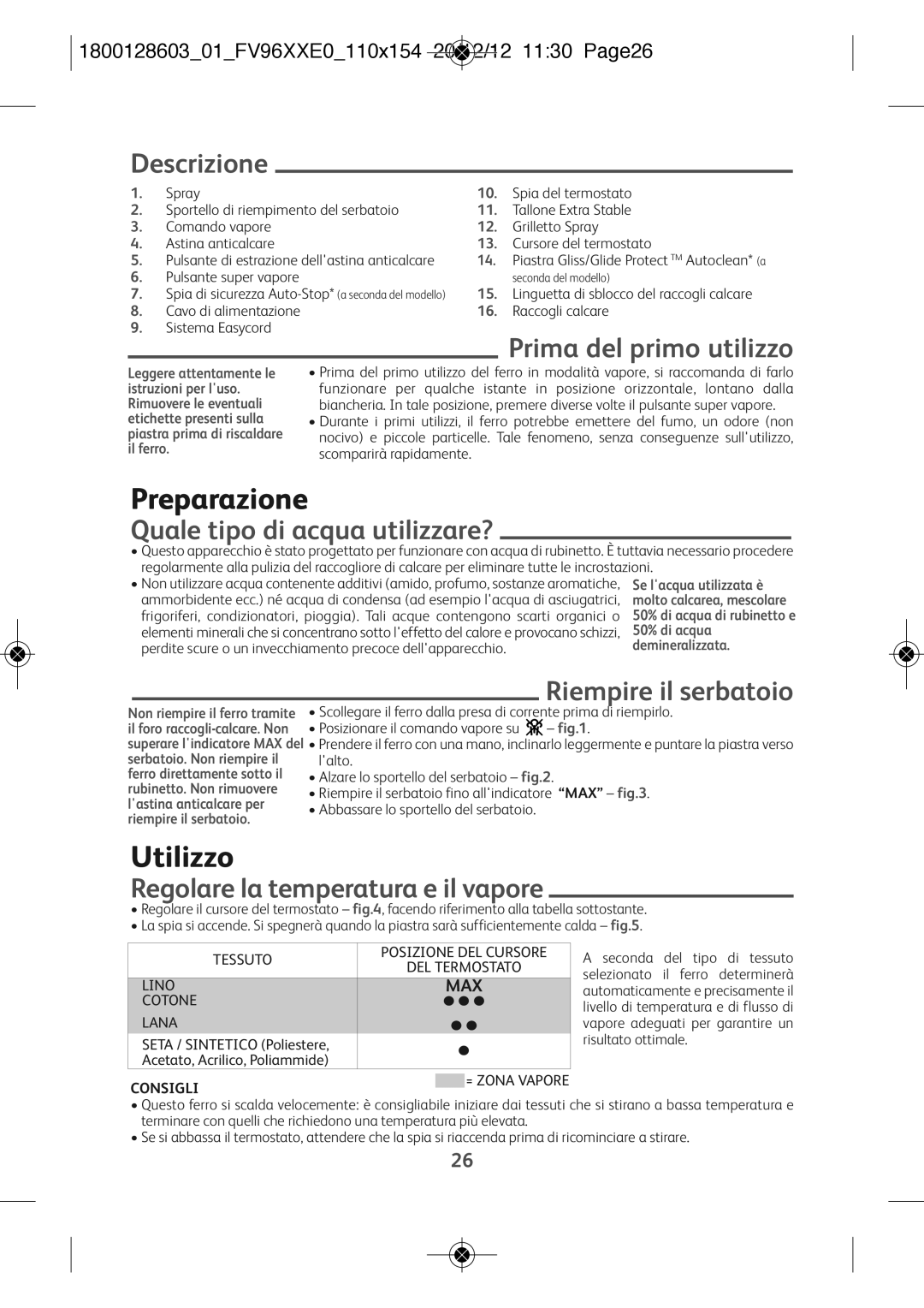 Tefal FV9640E0 manual Preparazione, Utilizzo 