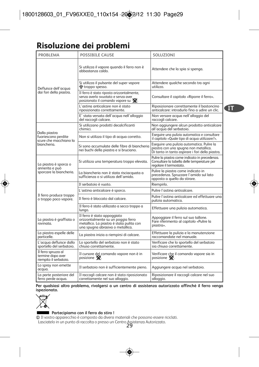 Tefal FV9640E0 manual Risoluzione dei problemi, 180012860301FV96XXE0110X154 20/12/12 1130 PAGE29 