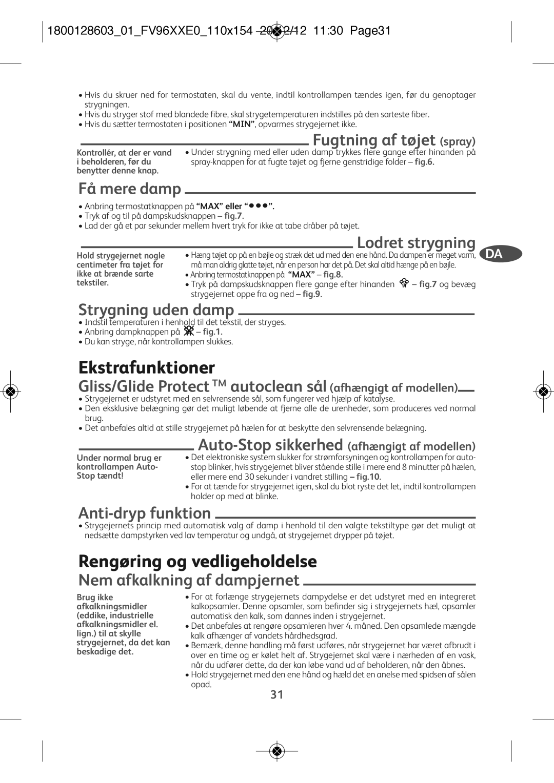 Tefal FV9640E0 manual Ekstrafunktioner, Rengøring og vedligeholdelse 