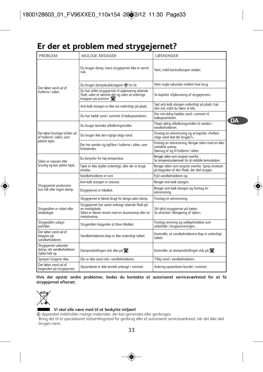 Tefal FV9640E0 manual Er der et problem med strygejernet?, 180012860301FV96XXE0110X154 20/12/12 1130 PAGE33 