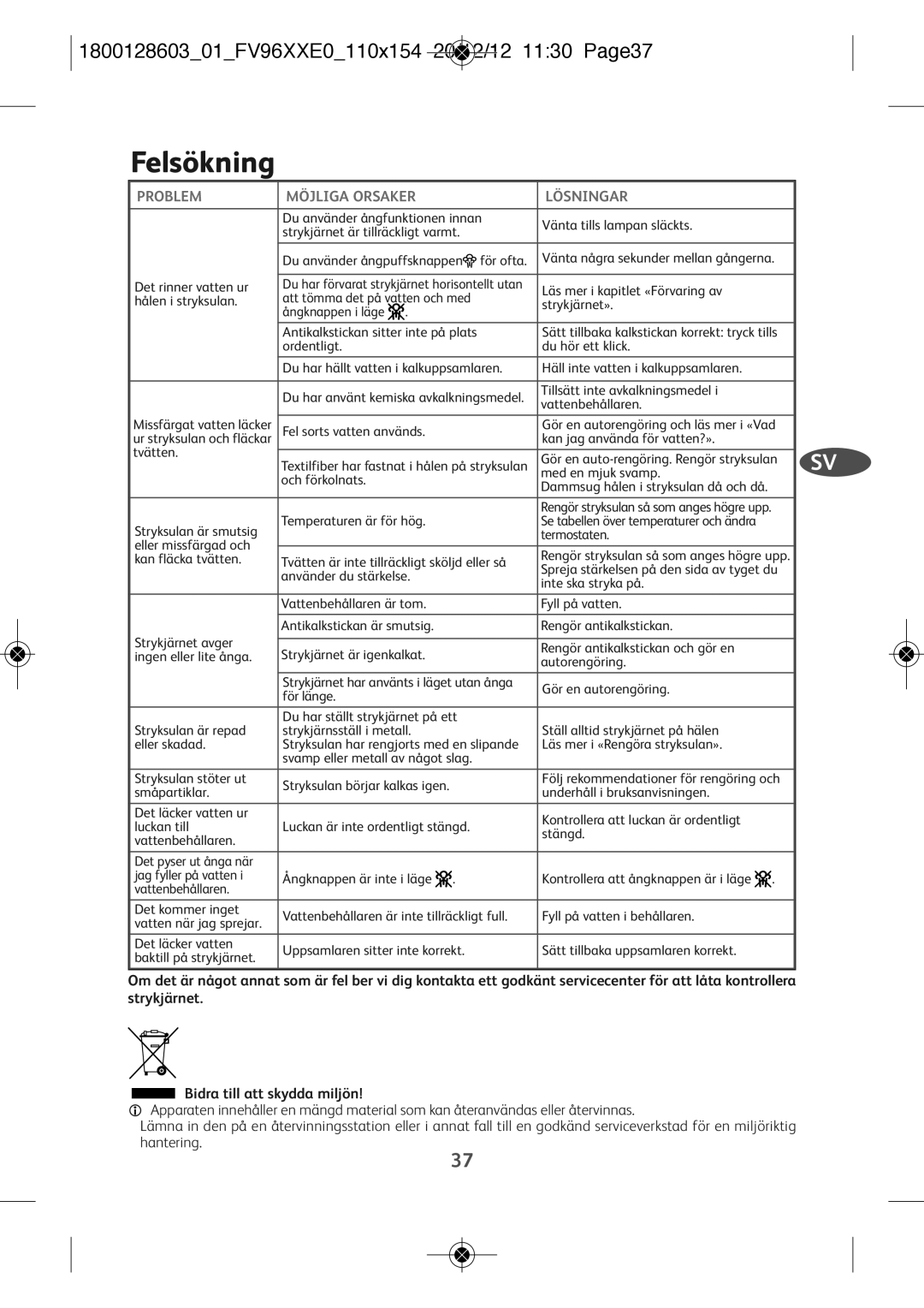 Tefal FV9640E0 manual Felsökning, 180012860301FV96XXE0110X154 20/12/12 1130 PAGE37, Problem Möjliga Orsaker Lösningar 