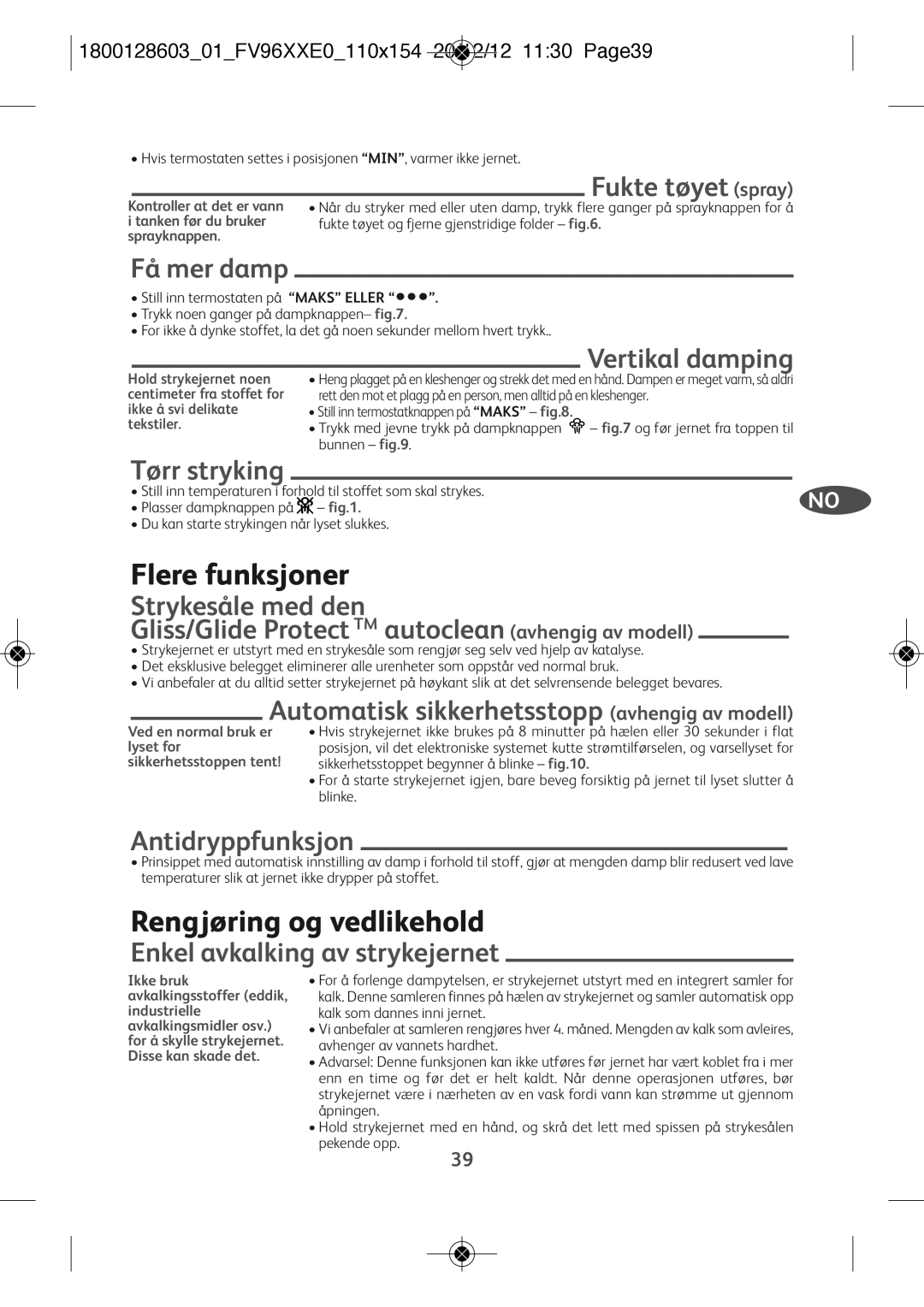 Tefal FV9640E0 manual Flere funksjoner, Rengjøring og vedlikehold 