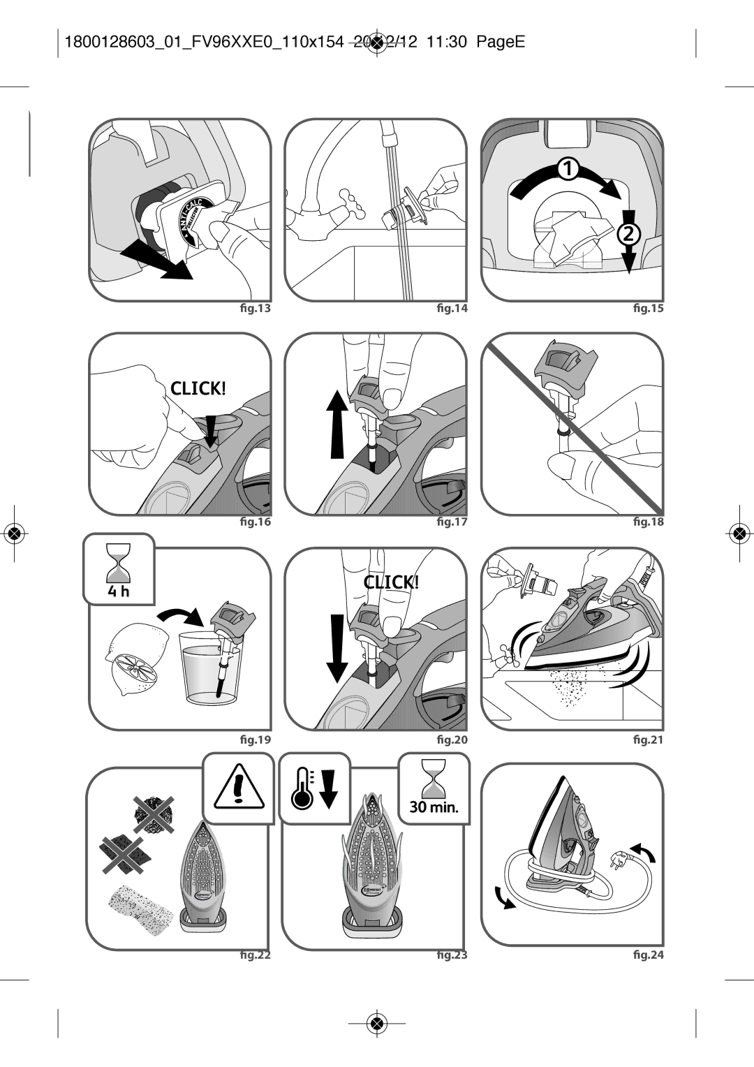 Tefal FV9640E0 manual 180012860301FV96XXE0110X154 20/12/12 1130 Pagee, ﬁg.13 ﬁg.14, ﬁg.16 ﬁg.17, ﬁg.19 ﬁg.20, ﬁg.22 ﬁg.23 