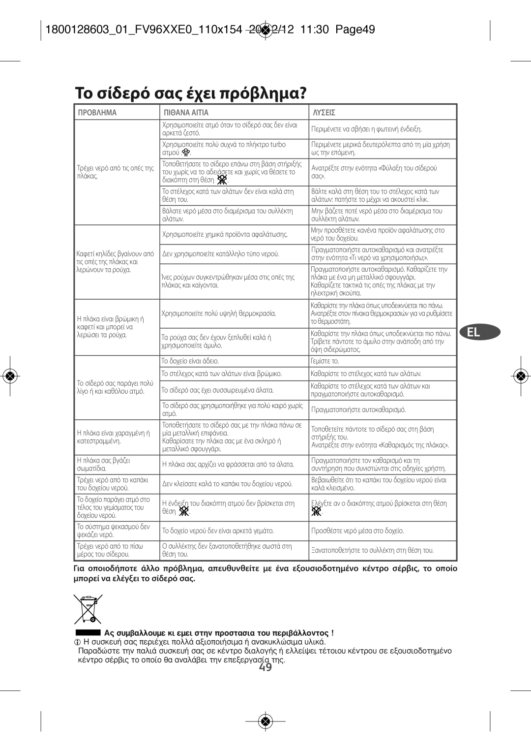 Tefal FV9640E0 manual Το σίδερό σας έχει πρόβλημα?, 180012860301FV96XXE0110X154 20/12/12 1130 PAGE49 