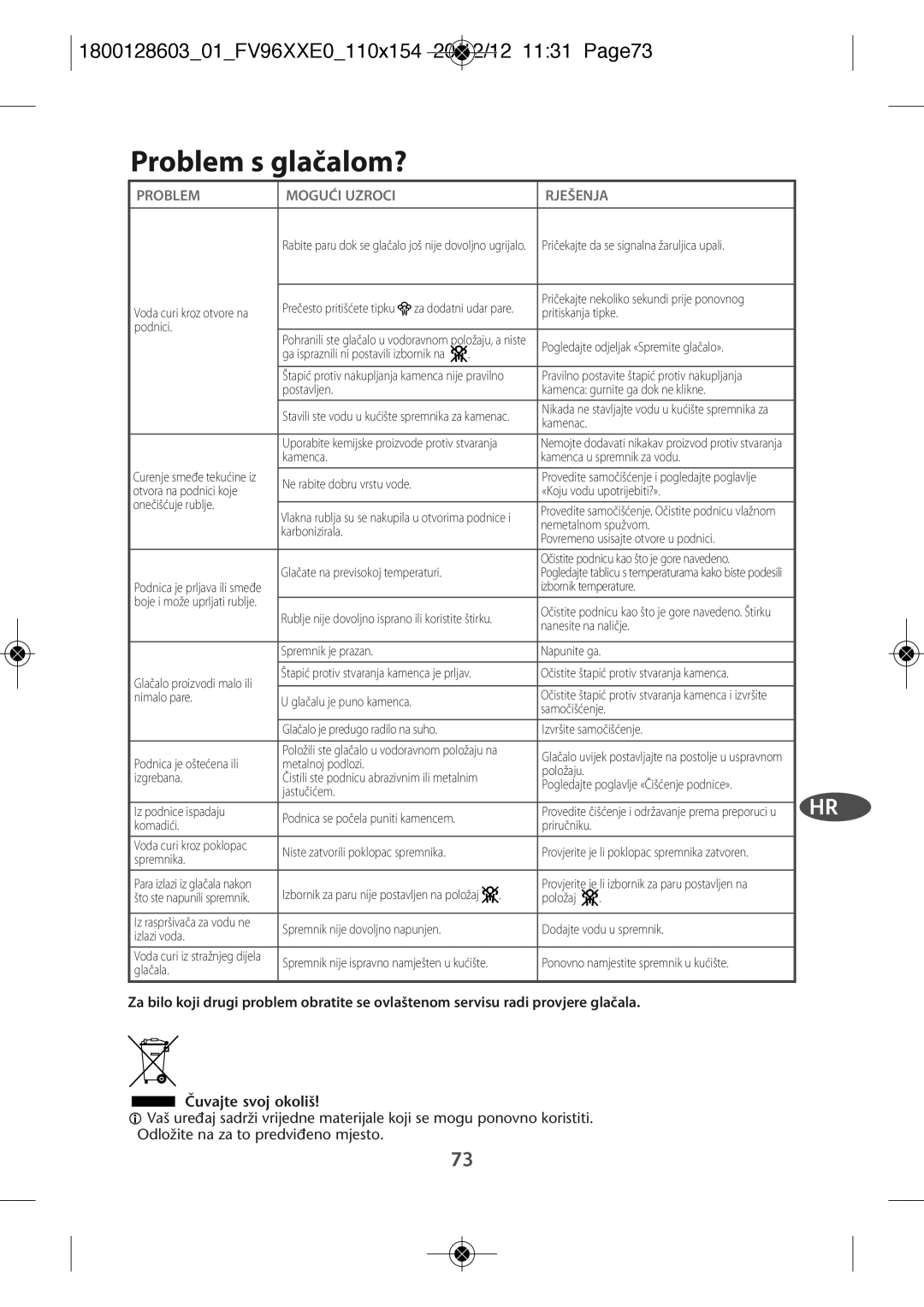 Tefal FV9640E0 manual Problem s glačalom?, 180012860301FV96XXE0110X154 20/12/12 1131 PAGE73, Problem Mogući Uzroci Rješenja 