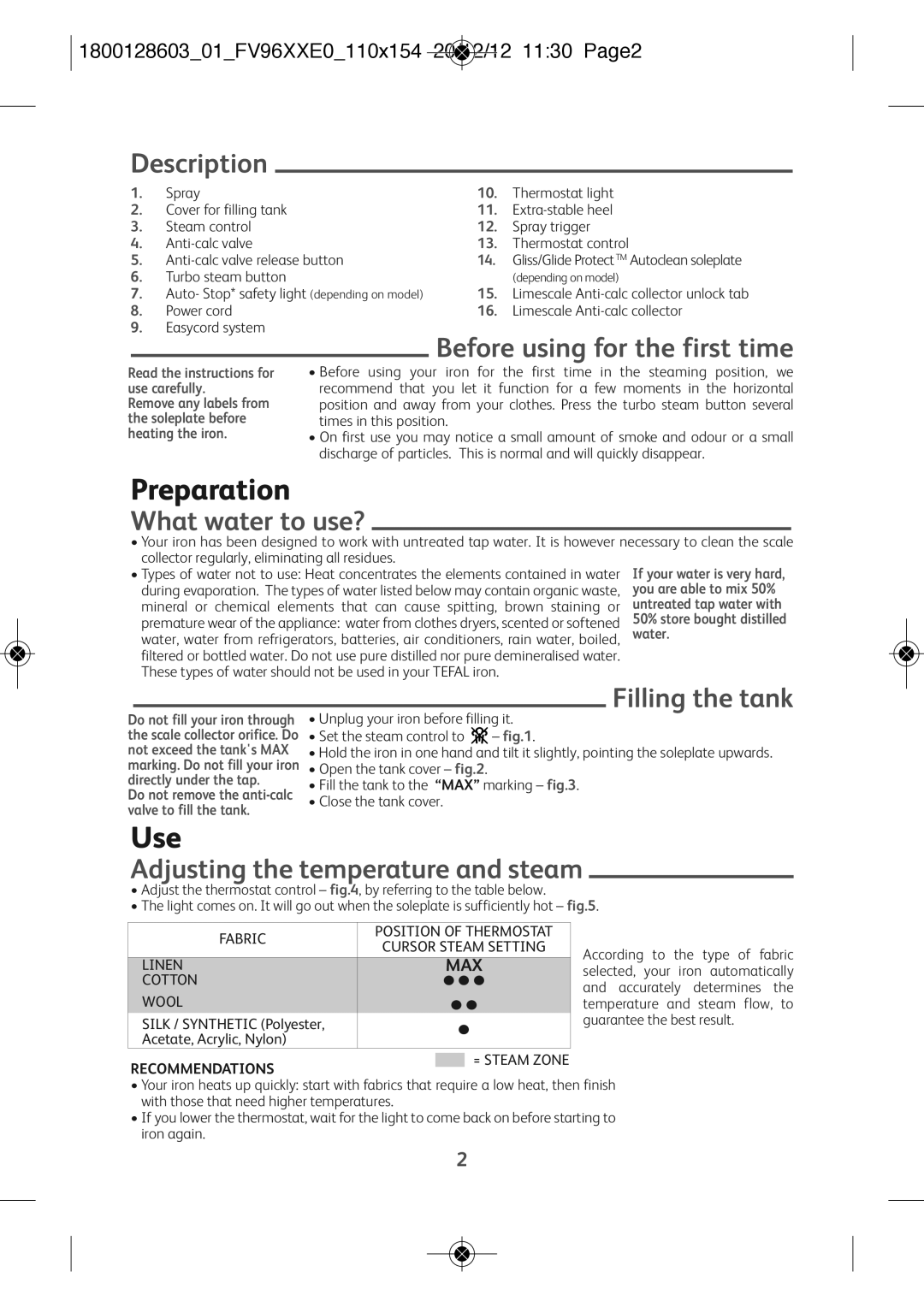 Tefal FV9640E0 manual Preparation, Use 