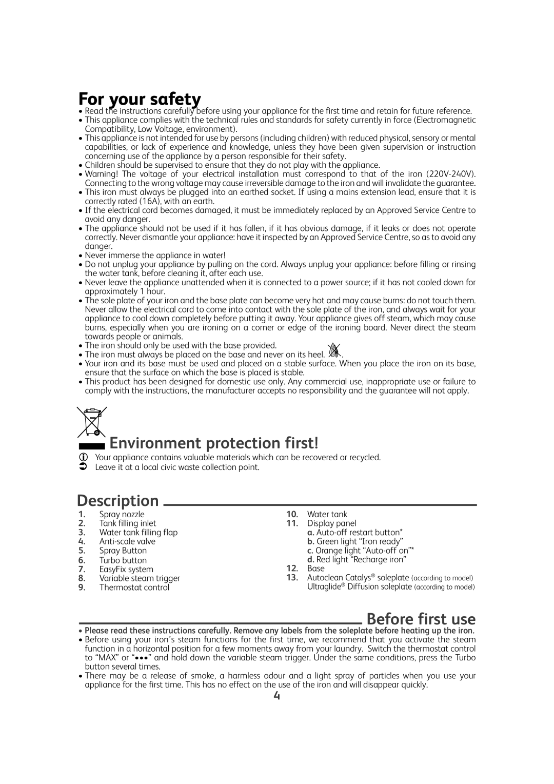 Tefal FV9910E0, FV9910C0 manual For your safety, Environment protection first, Description, Before first use 