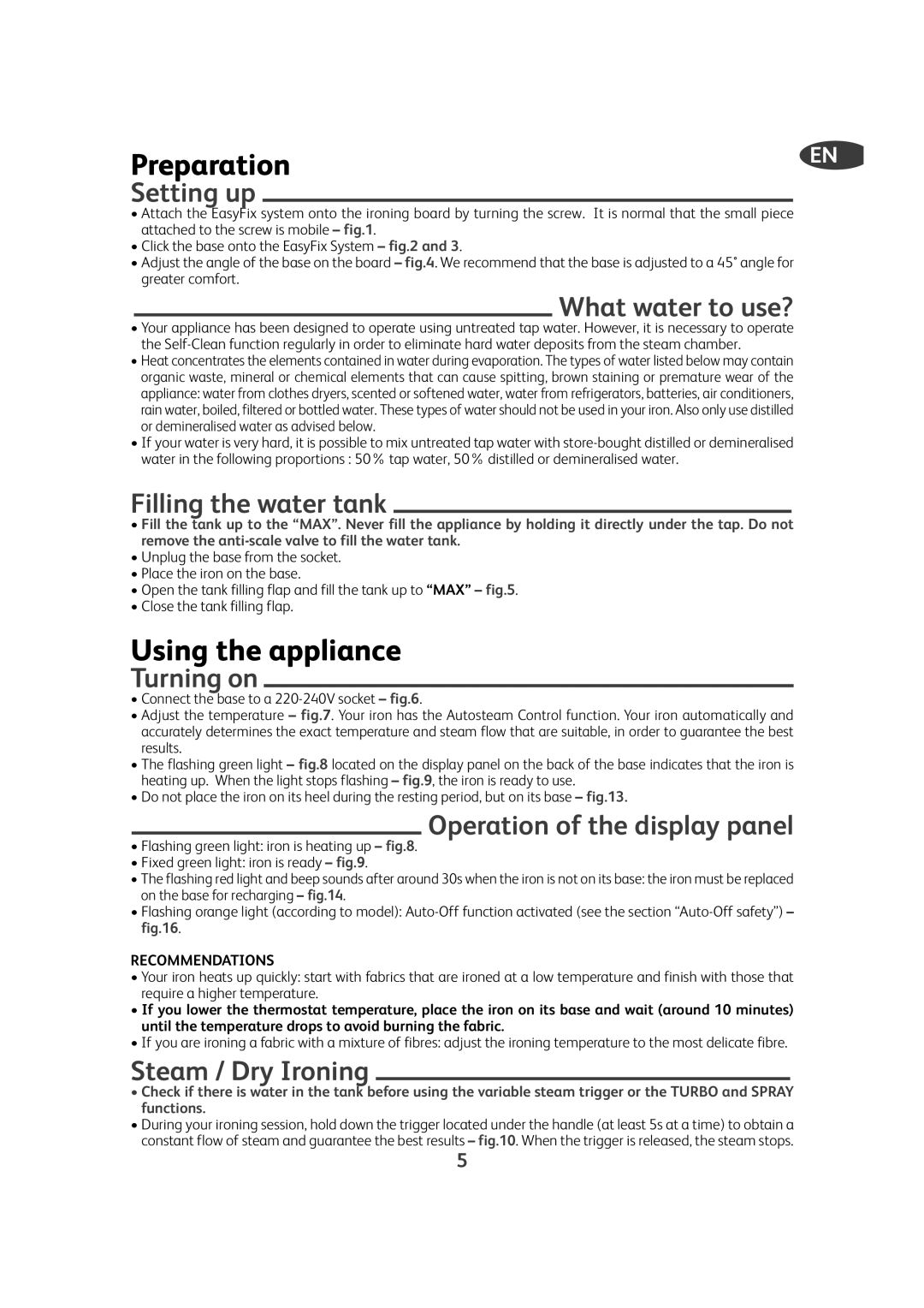 Tefal FV9910C0, FV9910E0 manual Preparation, Using the appliance 